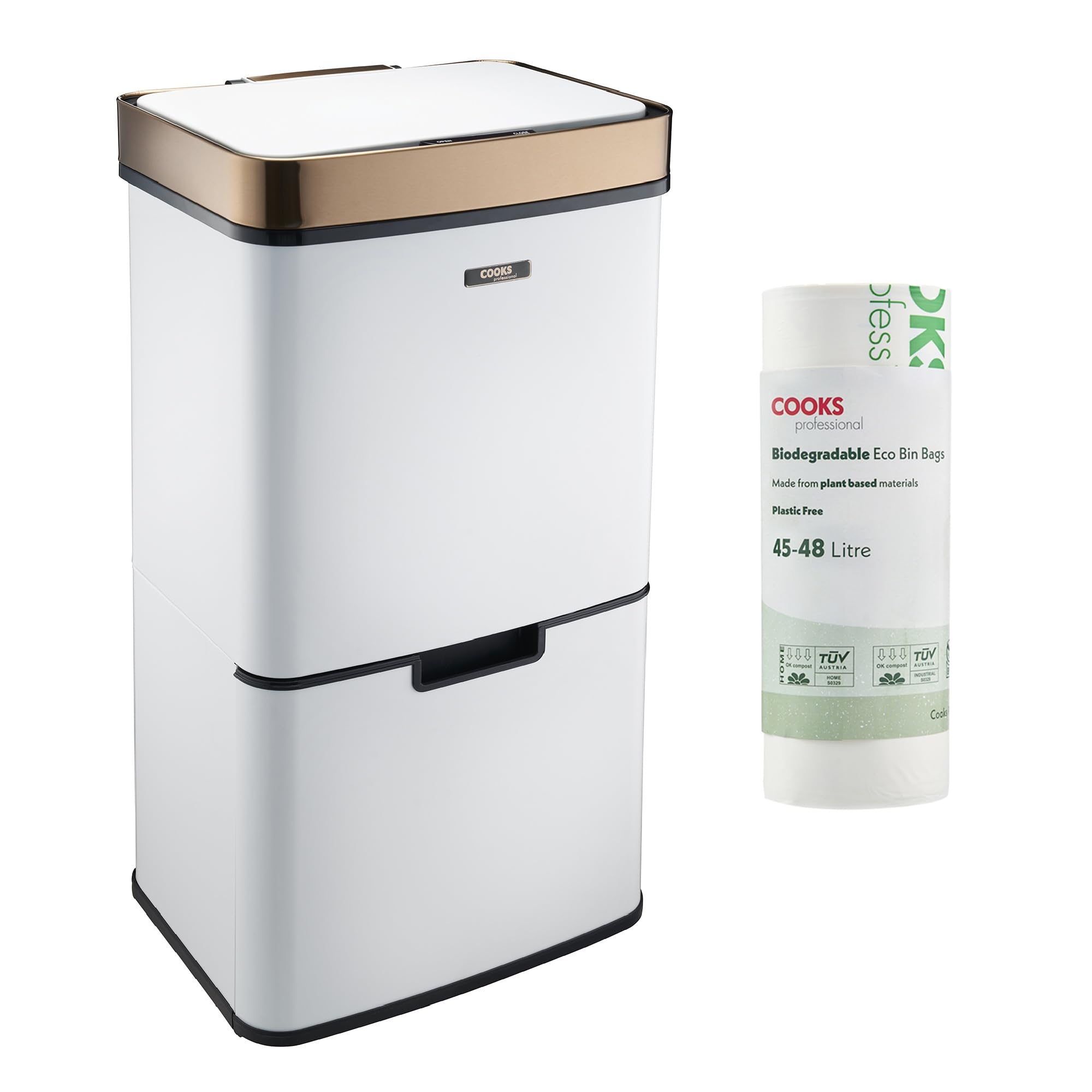 Cooks Professional Recycling Sensor Bin 75L with Dual Compartments and Removable Food Caddy for Kitchen | Smart Automatic Brushed Metal Bins | Includes 25 Biodegradable Bin Bags | White & Copper