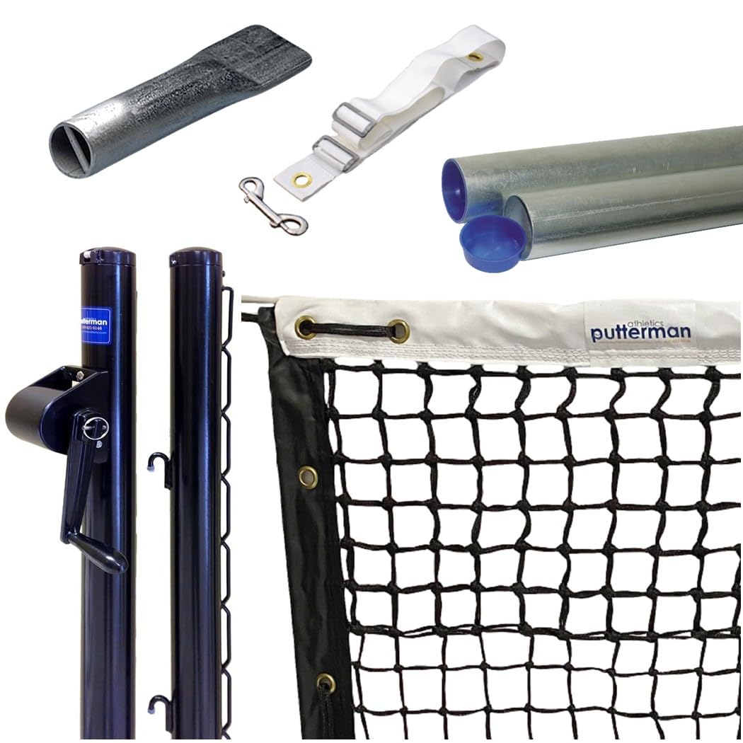 Putterman Tennis Posts – Permanent Court Kit – 2 7/8” OD, Round, External Wind, Black – Optional Ground Sleeves