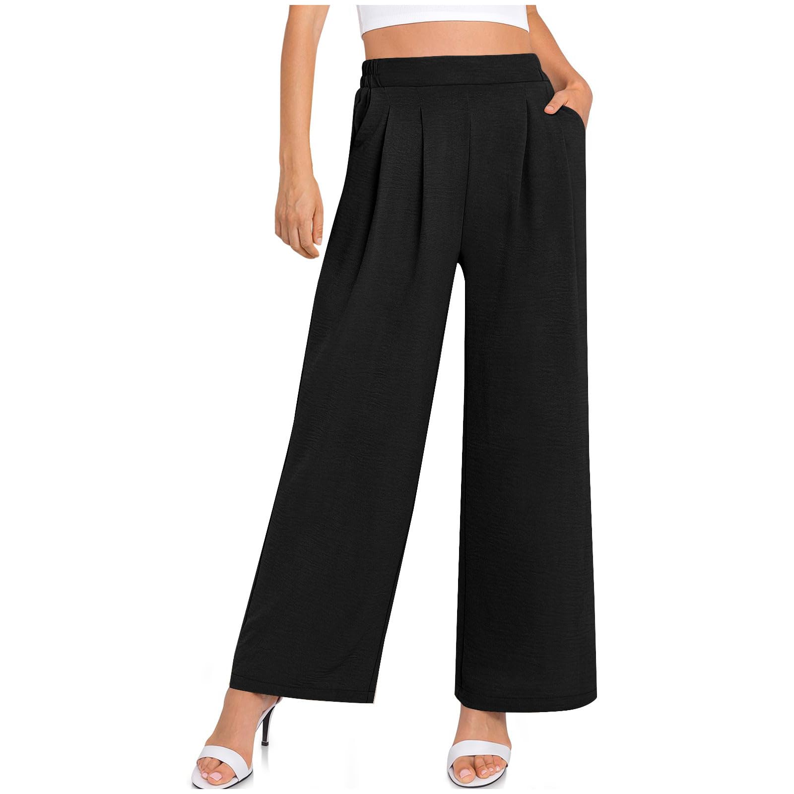 NATHGAM Womens Dressy Casual Pants Loose Wide Leg Pants Casual Work Business Trousers High Elastic Waist Flowy Palazzo