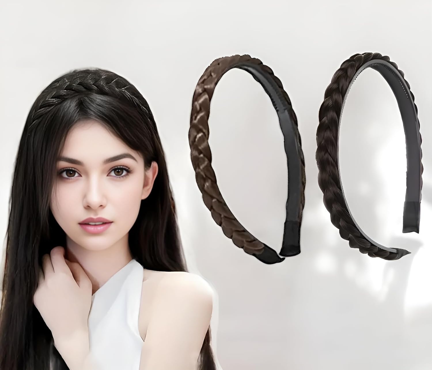 PACTIV 2 Pcs Headband With Synthetic Braided Hair - Plaited With Teeth for Women and Girls - Hair Accessories Band Hoop Hairpieces (Black, Brown)