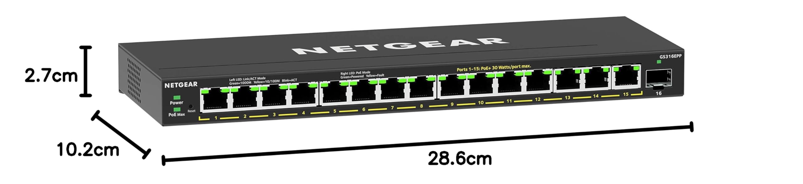 NETGEAR GS316EPP Switch 16 Port Gigabit Ethernet LAN PoE Switch Plus (mit 15x PoE+ 231W & 1x SFP, Managed Netzwerk Switch mit IGMP Snooping, QoS, VLAN, lüfterlos), schwarz