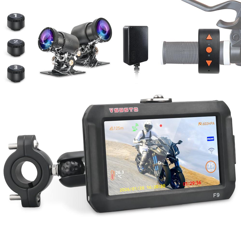 VSYSTO Dashcam per moto WiFi a tre ruote, 3 sensori di pressione pneumatici, schermo da 4'', grandangolo 150°, visione notturna Starlight, modalità di visualizzazione assistita Sistema DVR moto