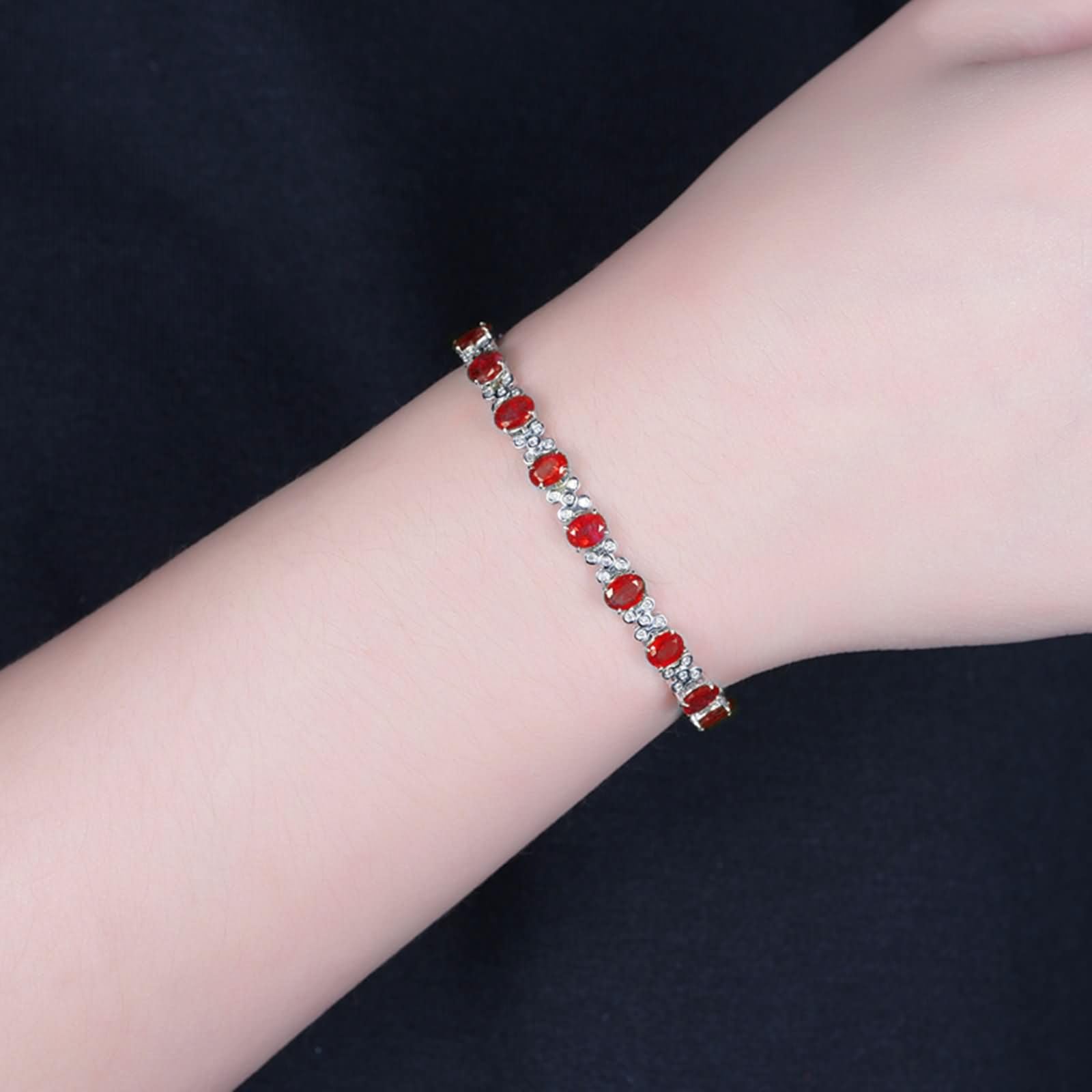 Pulsera de Oro Blanco Mujer 9 K / 14 K / 18 K, Flor y Oval con Rubí Creado de 6 ct y Diamante, Cadena 16 CM, Pulsera Mujer de Plata Rojo