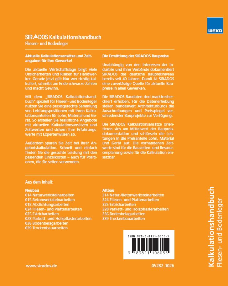 SIRADOS Kalkulationshandbuch 2026 - Fliesen- und Bodenleger: Das praktische Nachschlagewerk für die Angebotskalkulation. Mit aktuellen Kalkulationsansätzen!