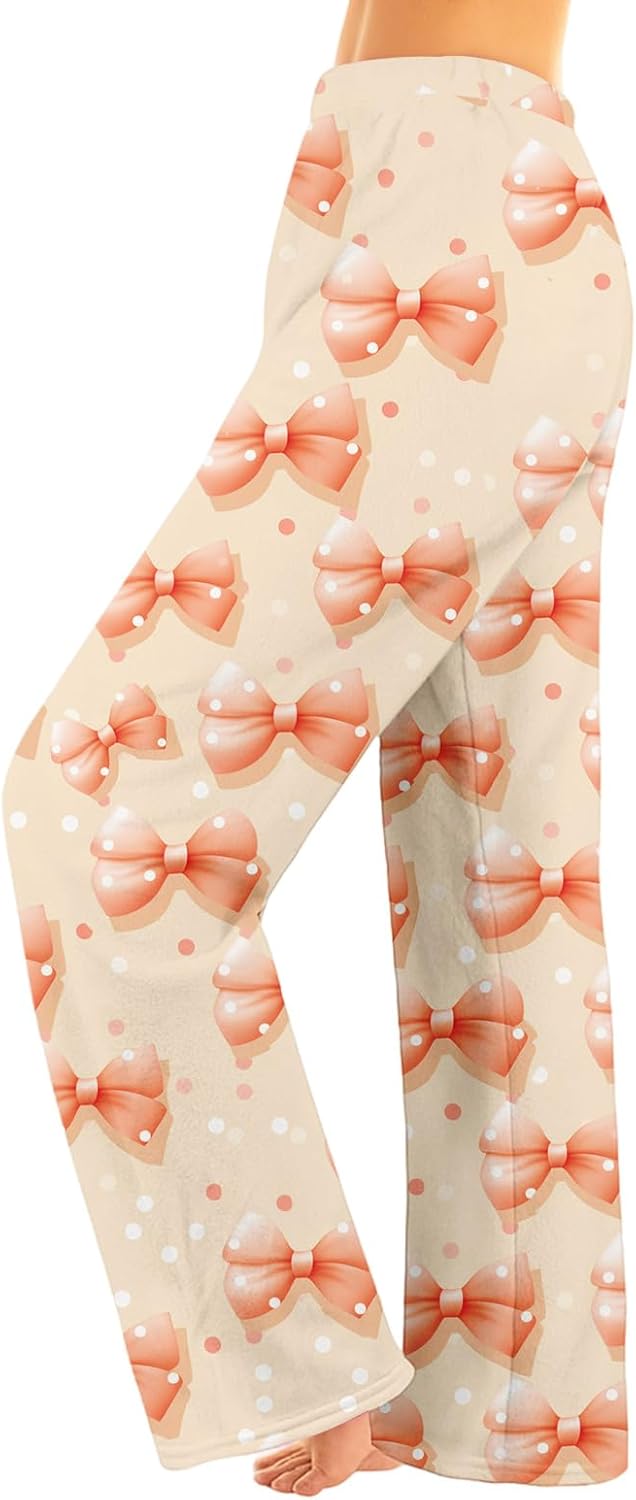 Cute Womens Fall Pajamas Flannel Elastic Waist Wide Leg Bow Pajamas Casual Loose Thermal Cozy Pink Pajama Pants