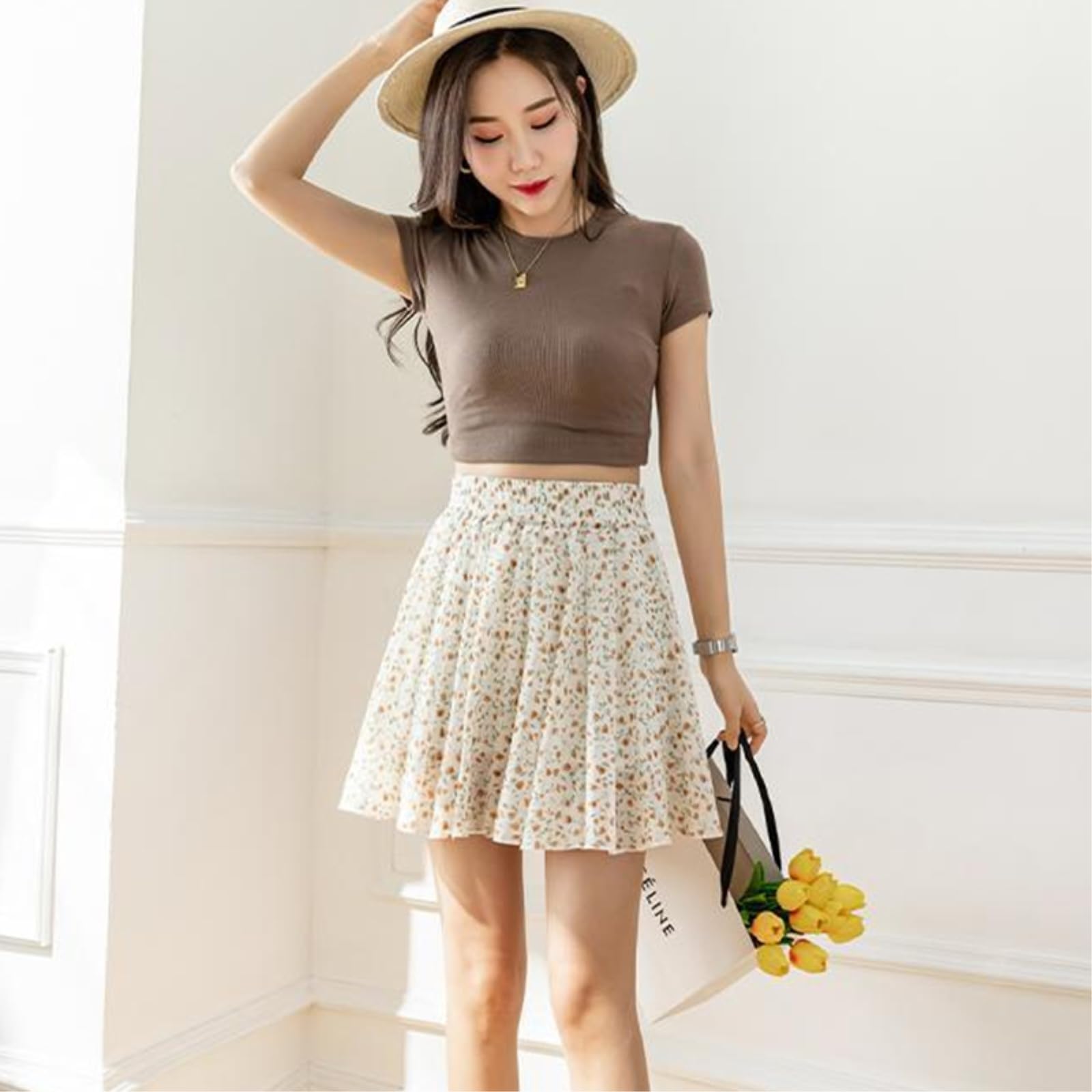 Damen Tennisrock Floral A-Linie Minirock Mit Shorts, Damenbekleidung, Slim Fit, Casual Chiffon Plissertennisrock-beige-l