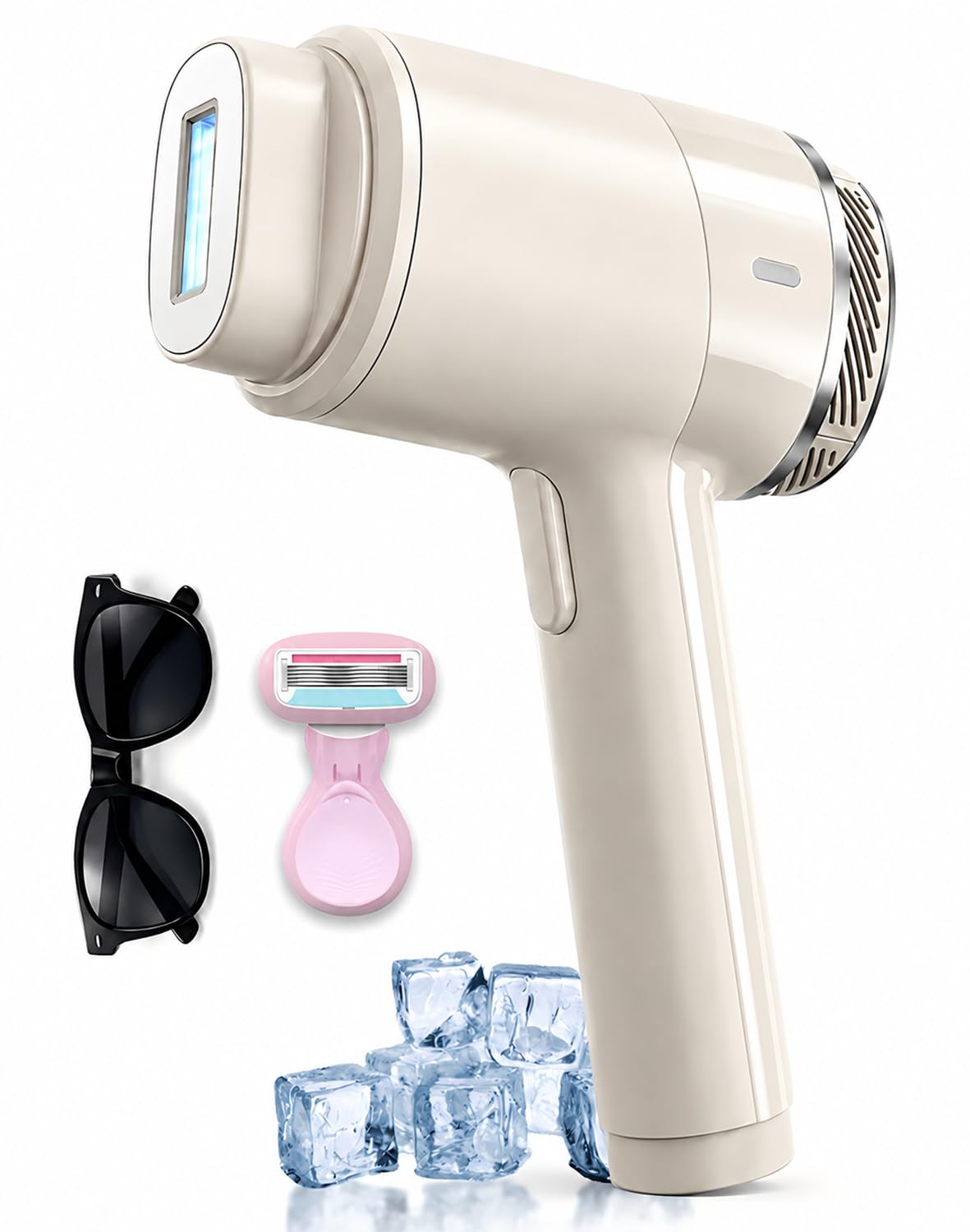 Depiladora IPL de Luz Pulsada con Refrigeración, 21 J, 9 Niveles, 3 en 1 con 2 cabezales magnéticos, modo automático y manual; para rostro, axilas, brazos, piernas e ingles | 3 en 1 con 2 cabezales magnéticos para cara, axilas, piernas y línea del bikini,