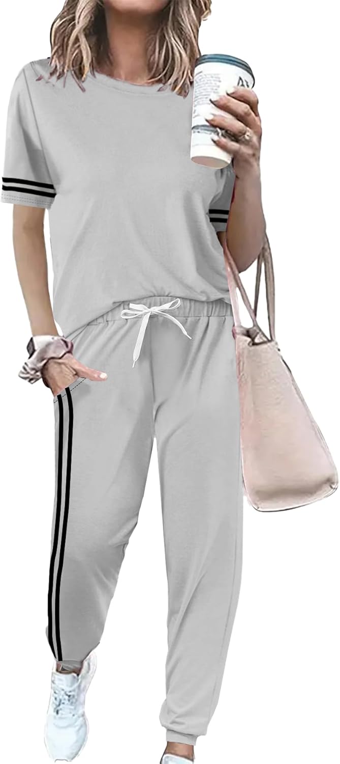 Women 2 Piece Outfits Summer Set Striped Short Sleeve Sweatsuits Crew Neck Pullover Lounge Tracksuit with Pocket
