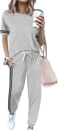 Women 2 Piece Summer Outfit Set Striped Short Sleeve Sweatsuits with Pockets