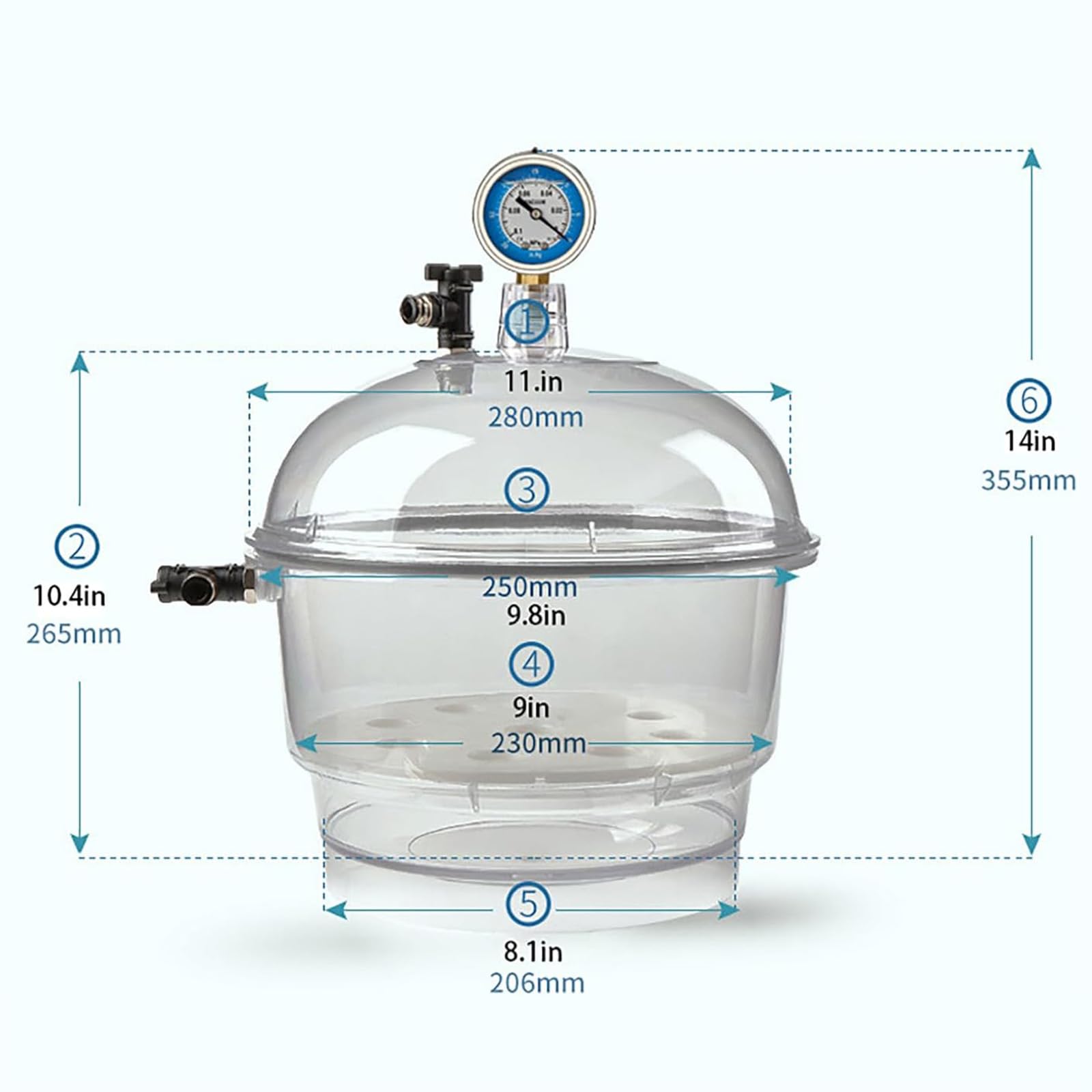 Desecador de vacío transparente con manómetro, sello de silicona, válvula doble para una eliminación y almacenamiento eficientes de la humedad