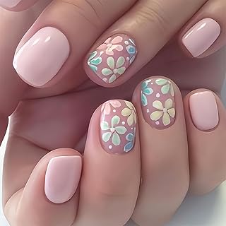 24 Stück Press On Nails, Naild Press On Set, Press On Nails Kurz, Quadratische Kunstnägel für Frauen, Mädchen, Teenager für Party, Frühling, Reisen (Hellrosa)