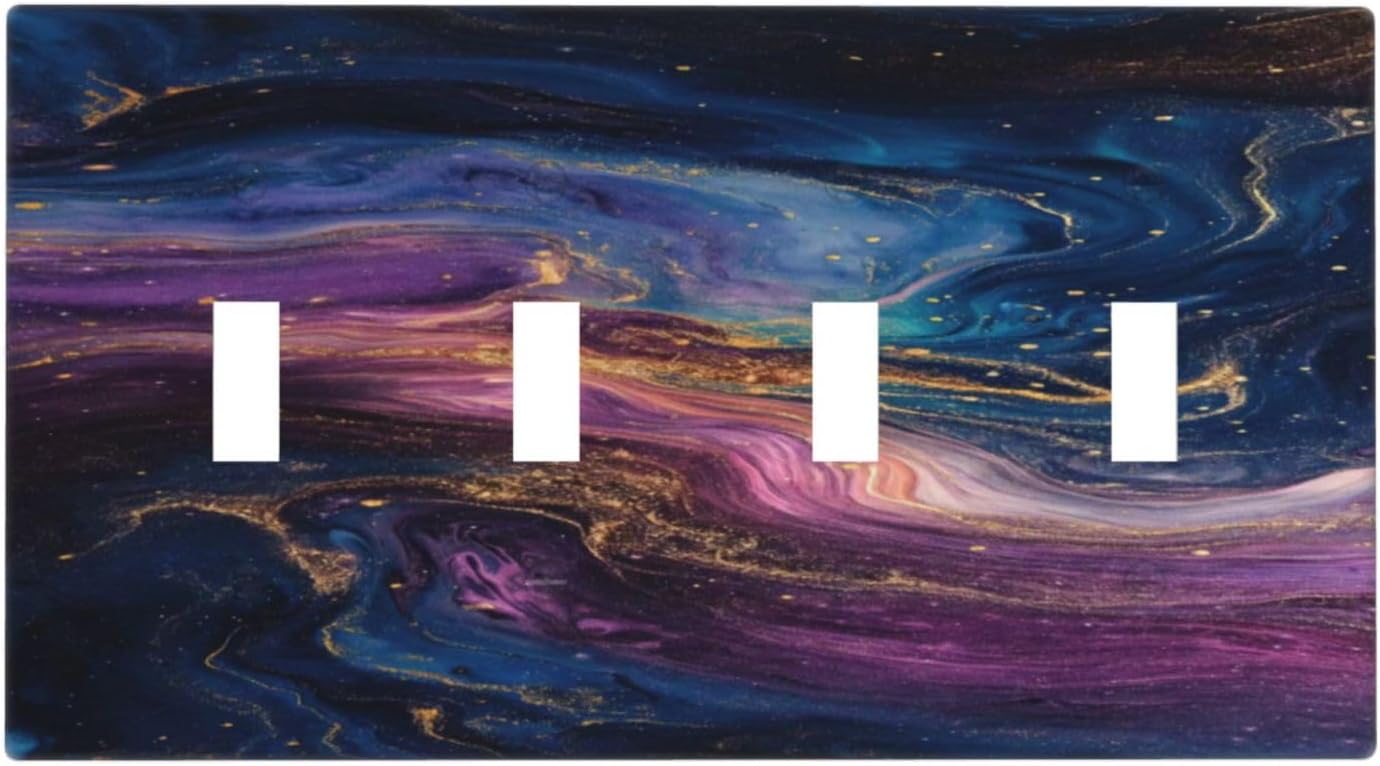 Decorative Switch Covers Plate Abstract Purple Blue Gold Marble Texture 4 Gang Wall Plate Oversized Quad Toggle Light Switch Plate Jumbo Faceplate for Bathroom Bedroom Decor