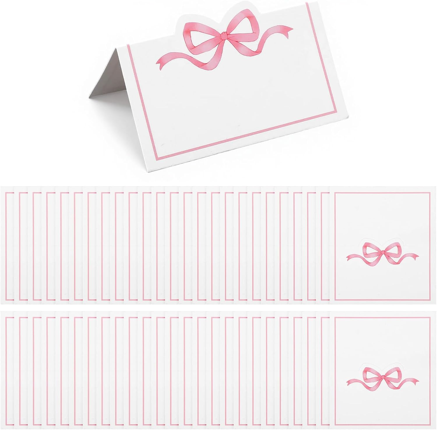50PCS Pink Bow Place Cards, 3.5" X 3.9" Foldable Blank Name Cards Pink for Table Setting