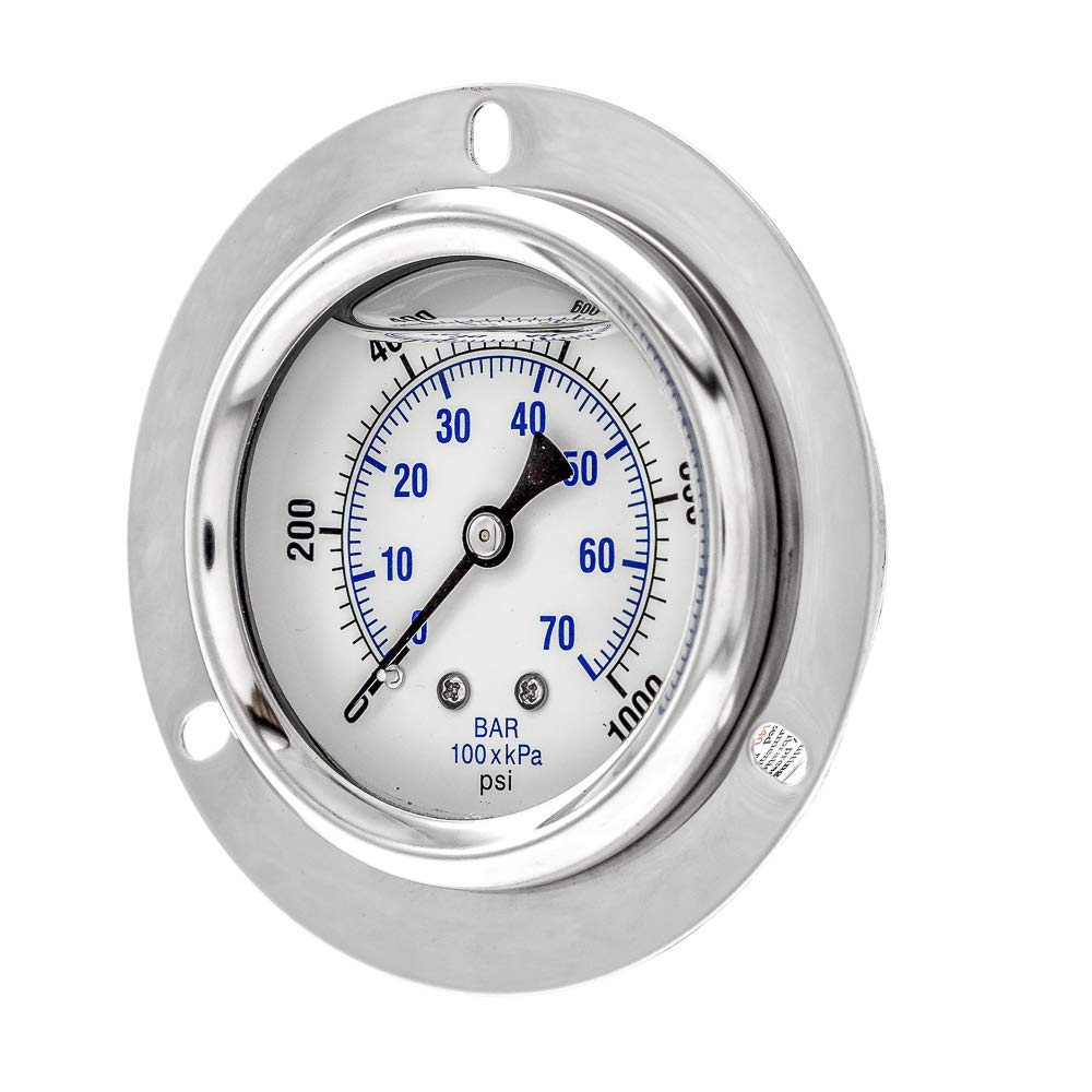 PIC Gauges PRO-204L-254M Panel Mount Front Flanged Glycerin Filled Industrial Pressure Gauge w/ SS Case, Brass Internals, Plastic Lens, 2.5" Dial, 0/
