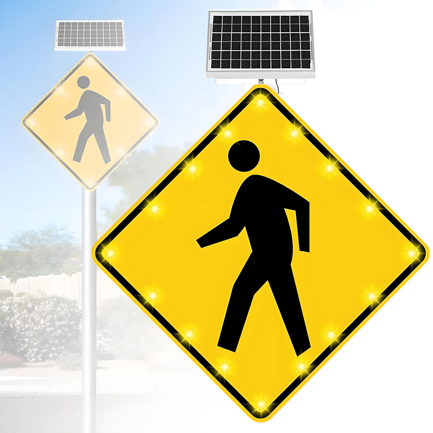 Señal solar de cruce de peatones, señal de advertencia LED intermitente de aluminio con película reflectante de grado de ingeniero, 8 luces