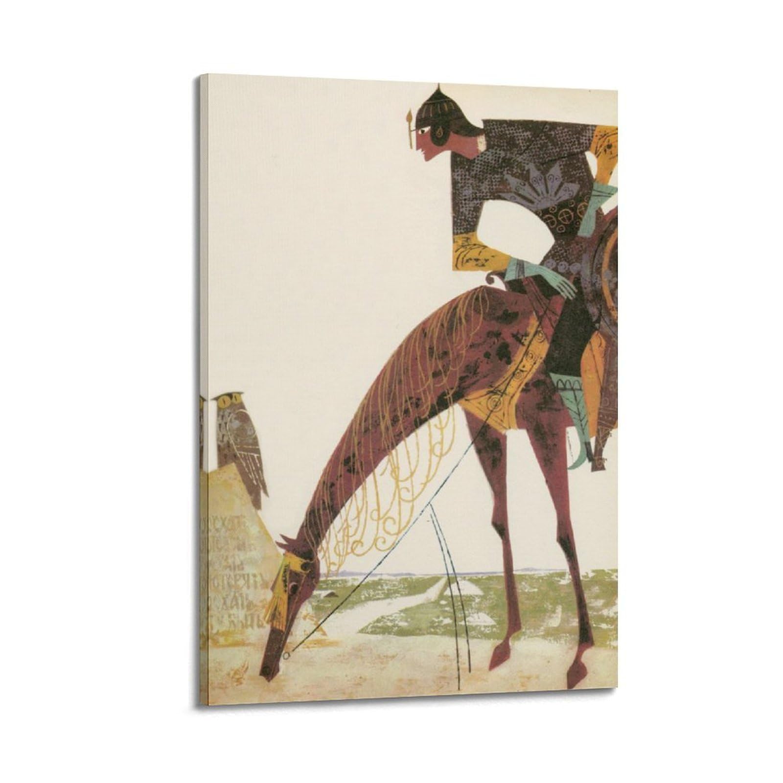 Rider on Decorated Horse with Bird Wall Art, Decorative Illustration - Style Print Painting of Rider And Horse, Equestrian Poster, Art - Filled Canvas Picture, Ornate Wall Decor Artwork for Bedroom Be