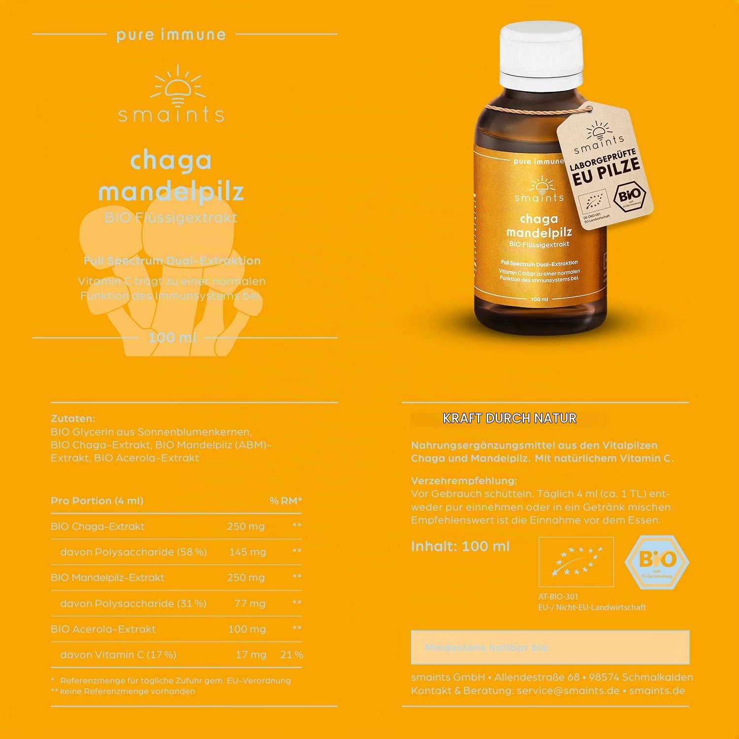 smaints Bio Chaga & Mandelpilz Flüssigextrakt | Bio-Vitalpilz-Dualextrakt mit über 43% Polysacchariden | Hochdosiert für maximale Bioverfügbarkeit | Mit Vitamin C zur Unterstützung des Immunsystems*