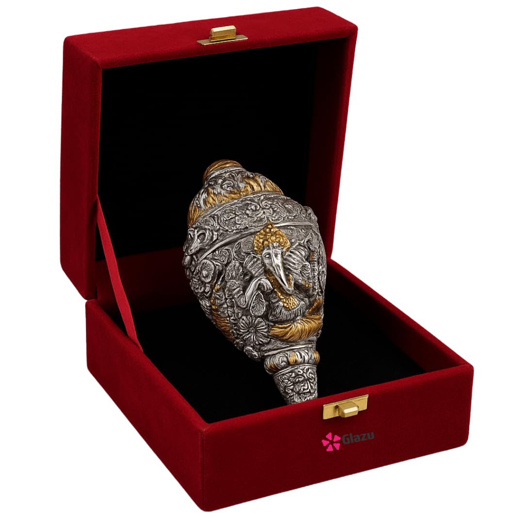GLAZU Silver Plated Antique Ganesha Conch Shankh for Wealth, Prosperity & Good Luck | Lord Ganpati Decorative Showpiece | Spiritual Gift for Home & Office Decor – Velvet Box Included (12.7 cm)-image-6