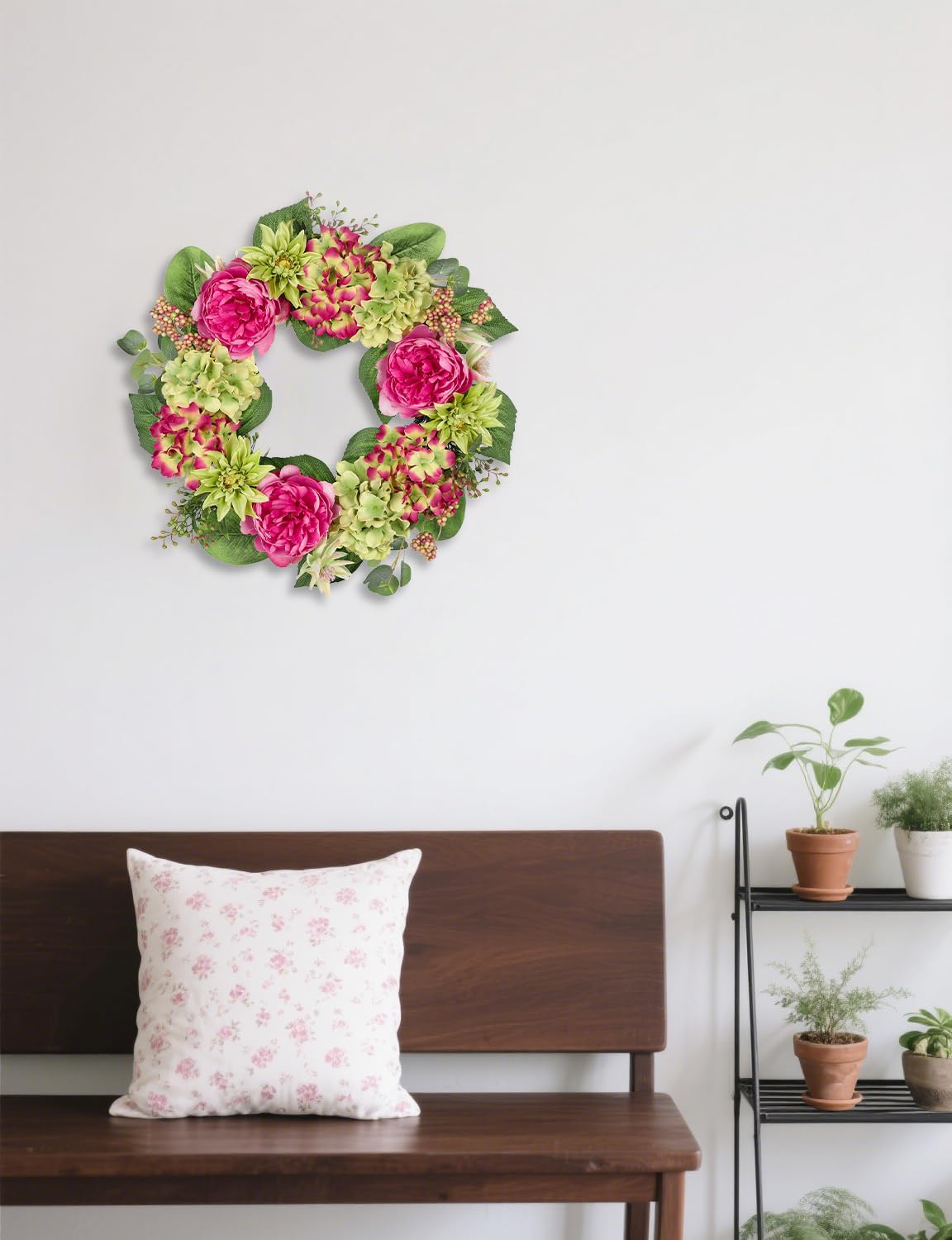 Kranz Künstlich 50 cm Blumenkranz Künstliche Pfingstrosen Hortensie Kunstblumen Hängend Türkranz Sommer Türdeko Haustür Wand Deko im Wohnzimmer Schlafzimmer Esszimmer Badezimmer Küche Büro