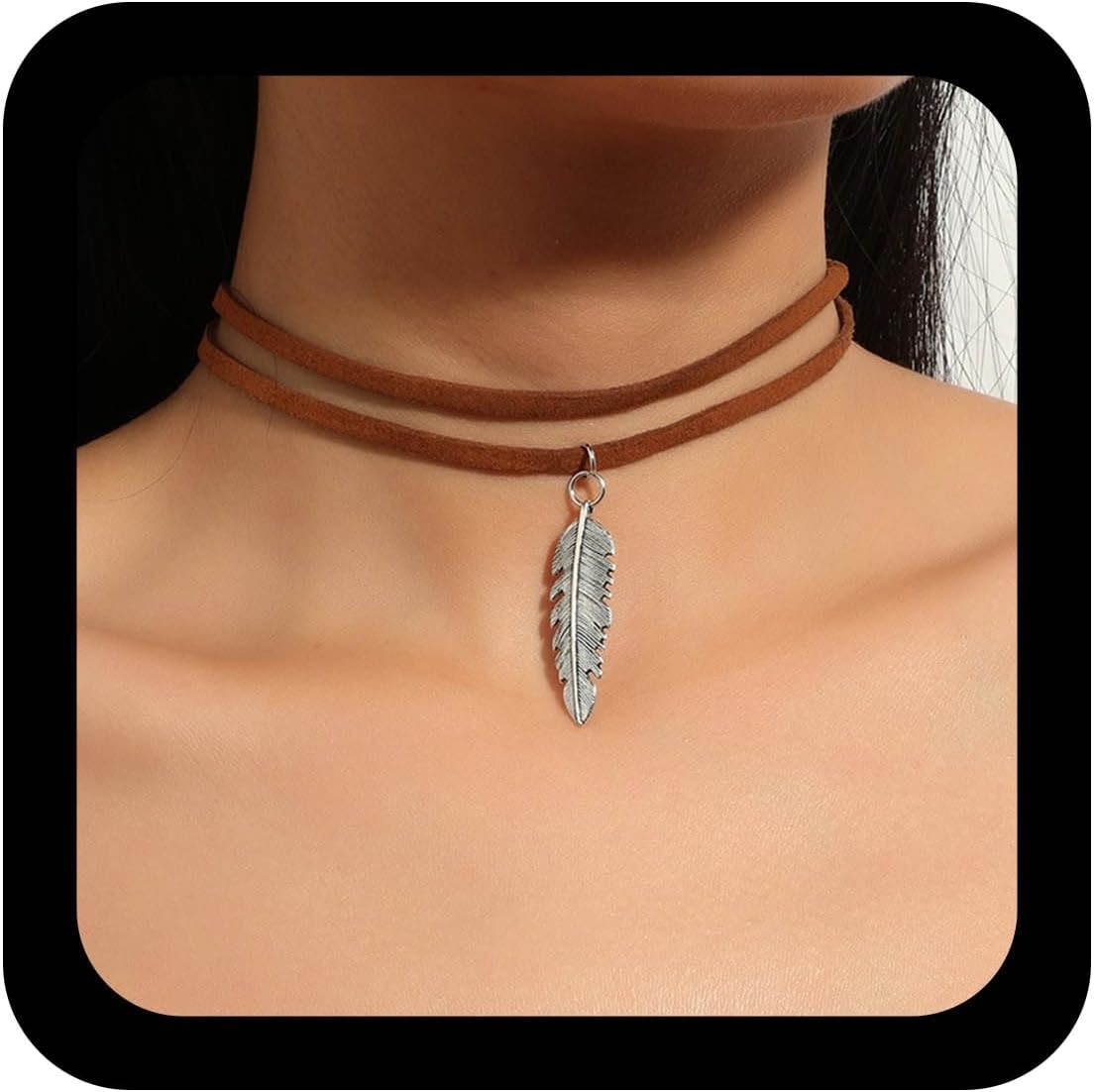 Vintage Layered Brown Velvet Choker Necklace Feather Pendant Necklace Silver Feather Choker Necklace Short Brown Leather Necklace Boho Suede Clavicle Necklace Jewelry for Women