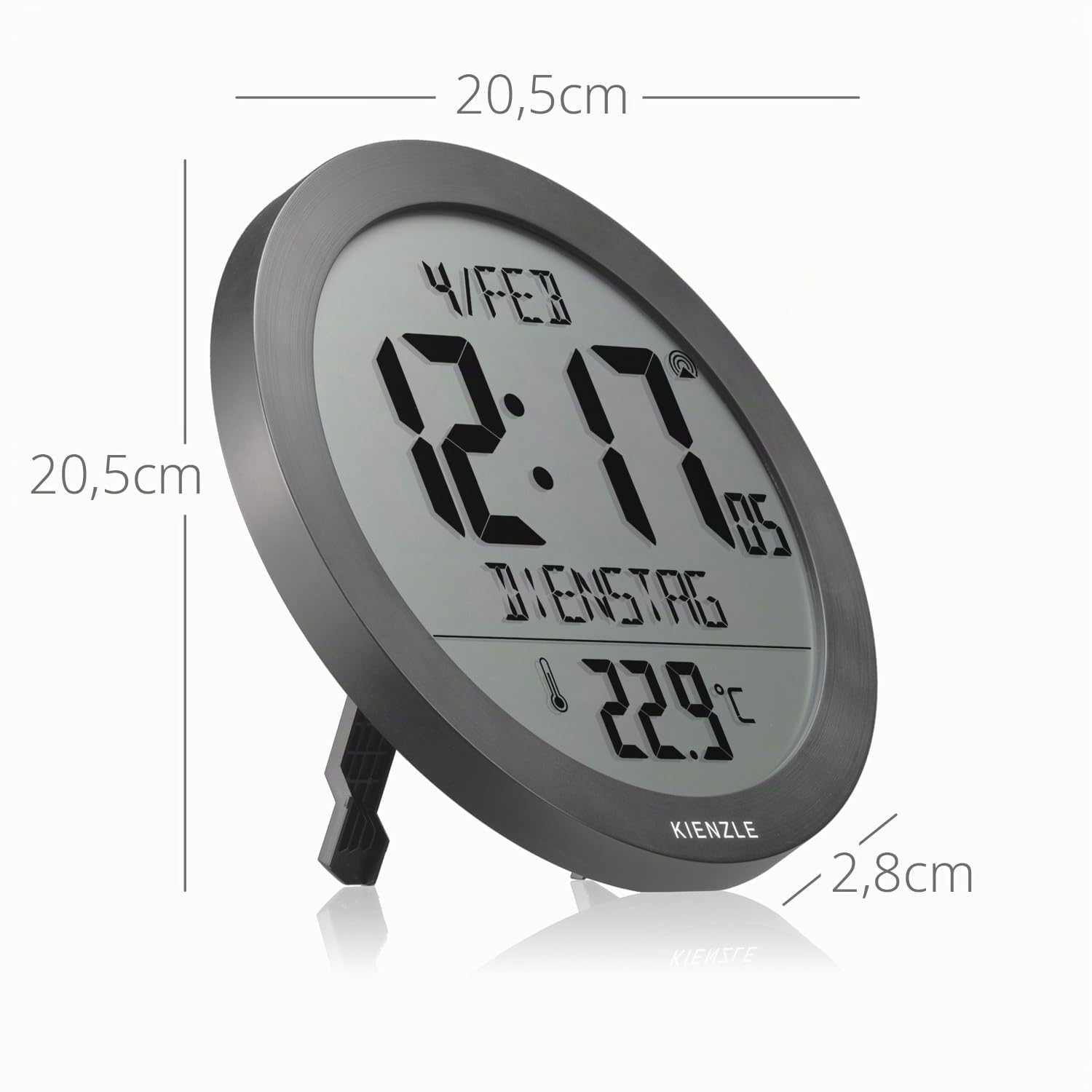 Kienzle Funkwanduhr Tischuhr mit Temperaturanzeige 18,7 cm Display DCF-Zeit Datum 2 Weckzeiten Schlummer anthrazit