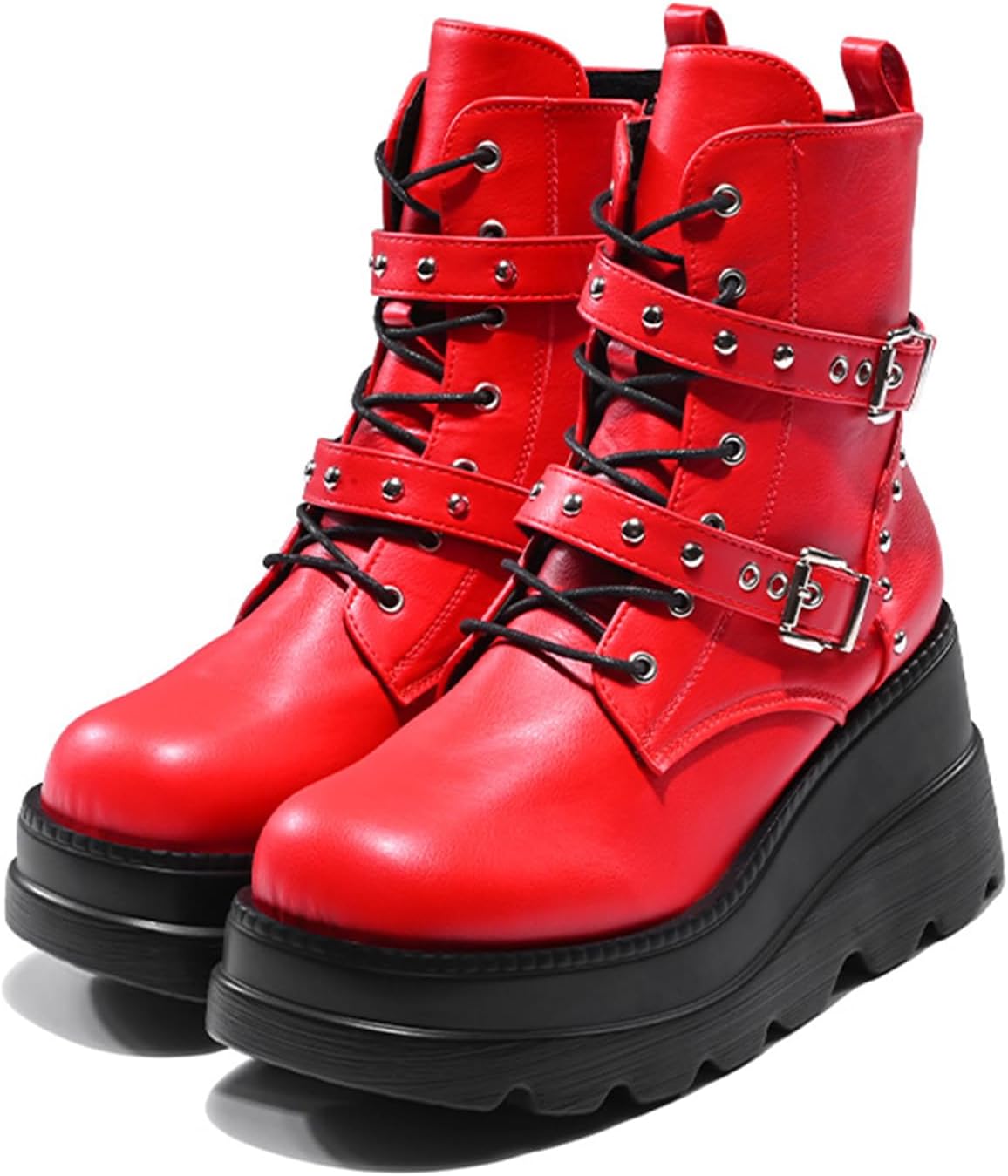 Women's Gothic Punk Ankle Boots, Black, Round Toe, Lace-Up, Combat, Wedge Heel, Casual, All Seasons