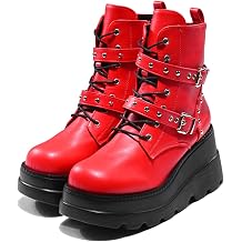 Women's Gothic Punk Ankle Boots, Black, Round Toe, Lace-Up, Combat, Wedge Heel, Casual, All Seasons