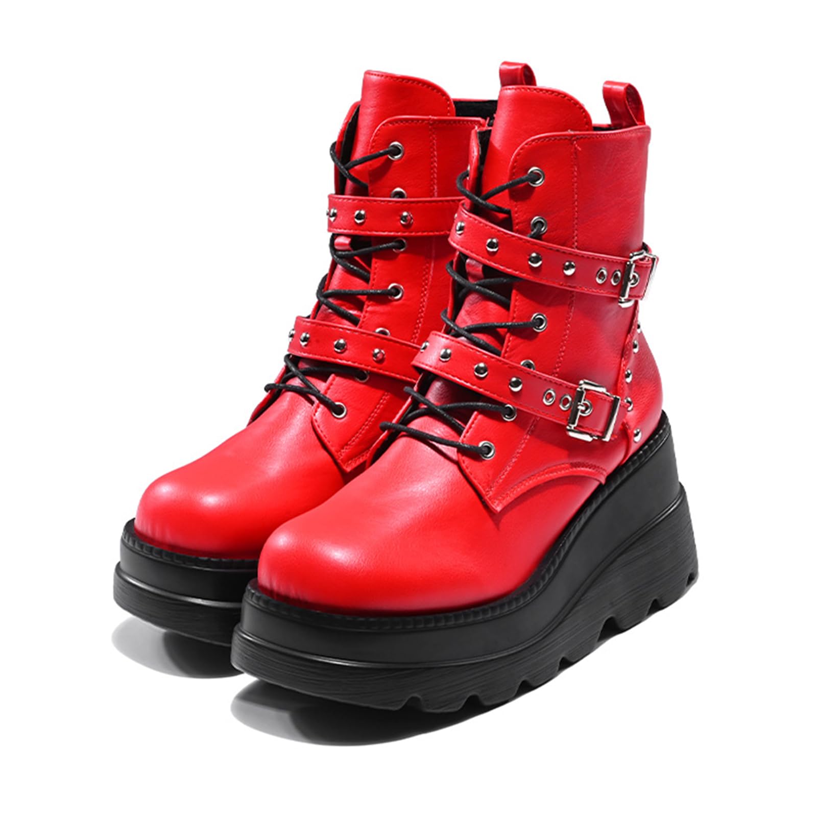Womens Gothic Punk Ankle Boots Black Round Toe Lace-Up Combat Wedge Heel Casual All Seasons