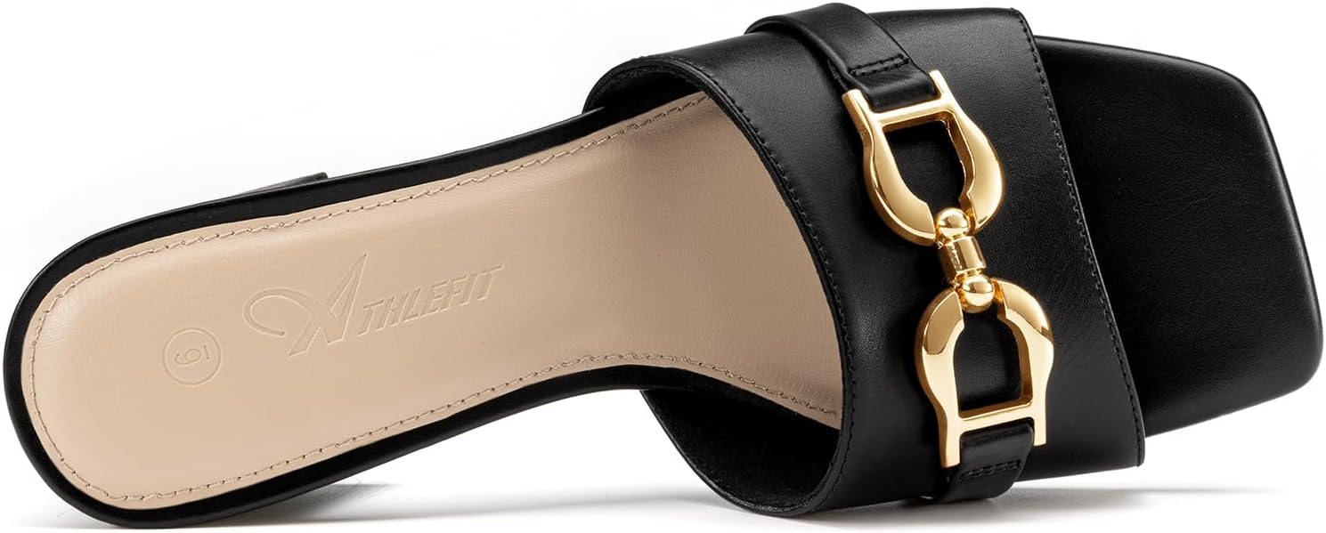 Athlefit Women's Raffia Heeled Sandals Square Open Toe Slip On Mules Chunky Block Heels with Metal Chain for Summer Vacation - Image 6