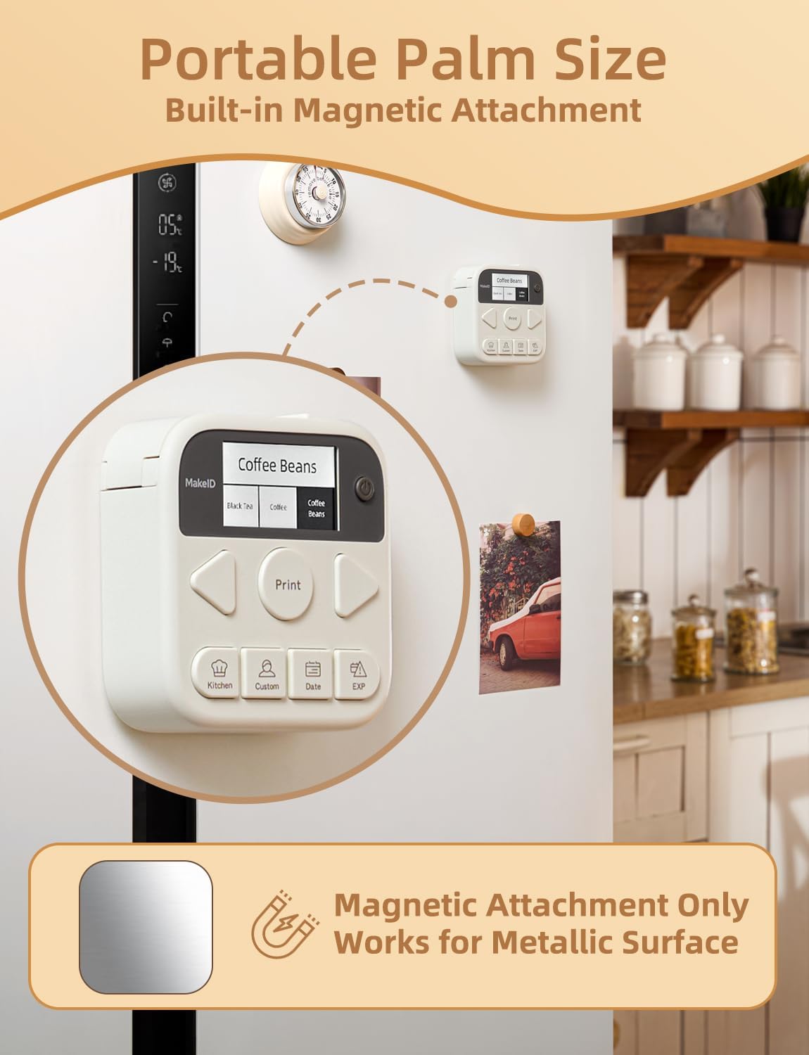 Makeid S1Pro label maker attached magnetically to a refrigerator, demonstrating its portable palm size and magnetic feature