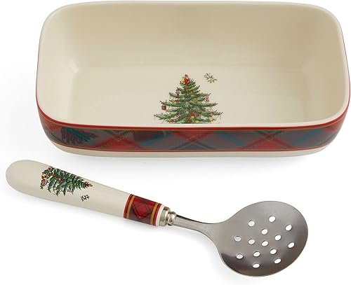 Spode Christmas Tree Tartan - Plato para servir con salsa de arándanos y arándanos con cuchara ranurada (8 x 4.25 pulgadas), servidor rectangular de