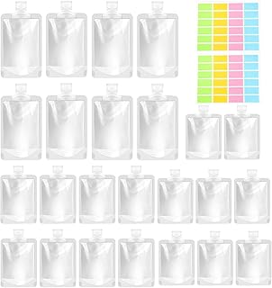 Glarks 26Pcs 30/50/100ml Travel Pouches with Label Kit, Portable Travel Size Containers, Clear Plastic Stand Up Pouch, TSA Approved, Refillable Squeeze Travel Bag for Toiletries, Cosmetic Lotion