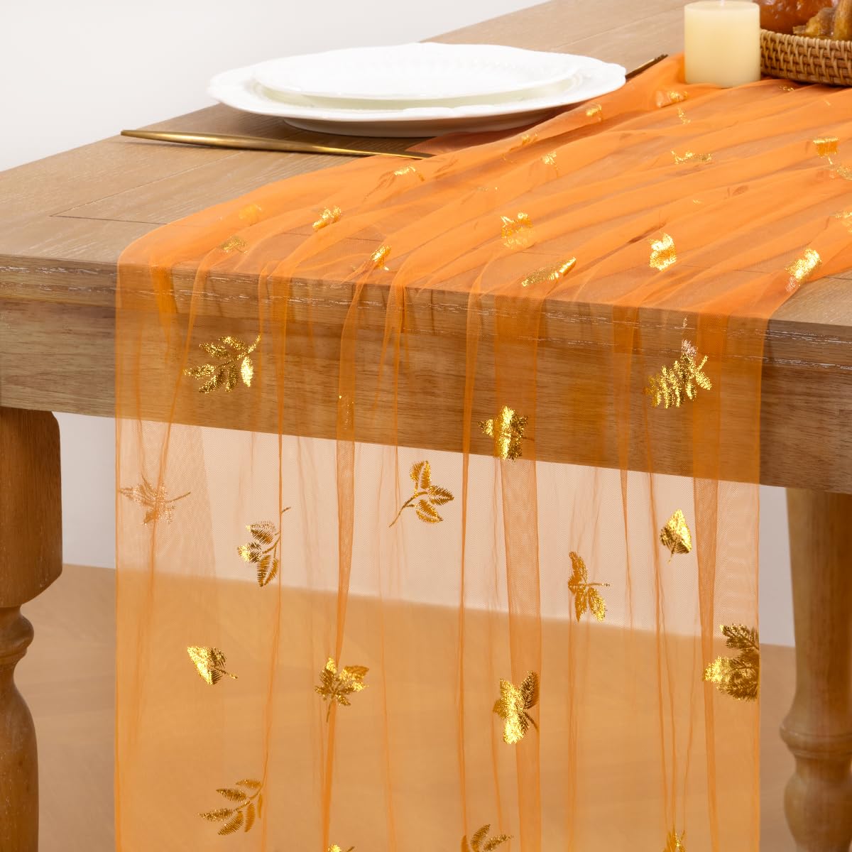 MLMC Fall Maple Leaf Table Runner Orange Sheer Gauze Foil Table Runner, 3PC