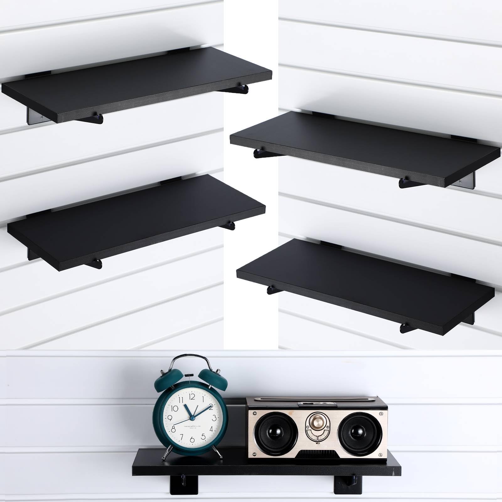 Beeveer 4 Pack Wooden Slatwall Shelf Set 15.7 × 5.9 Inch Black Slatwall Shelves with Metal Brackets Wall Mount Slatwall Shelf Bracket Wall Organizer