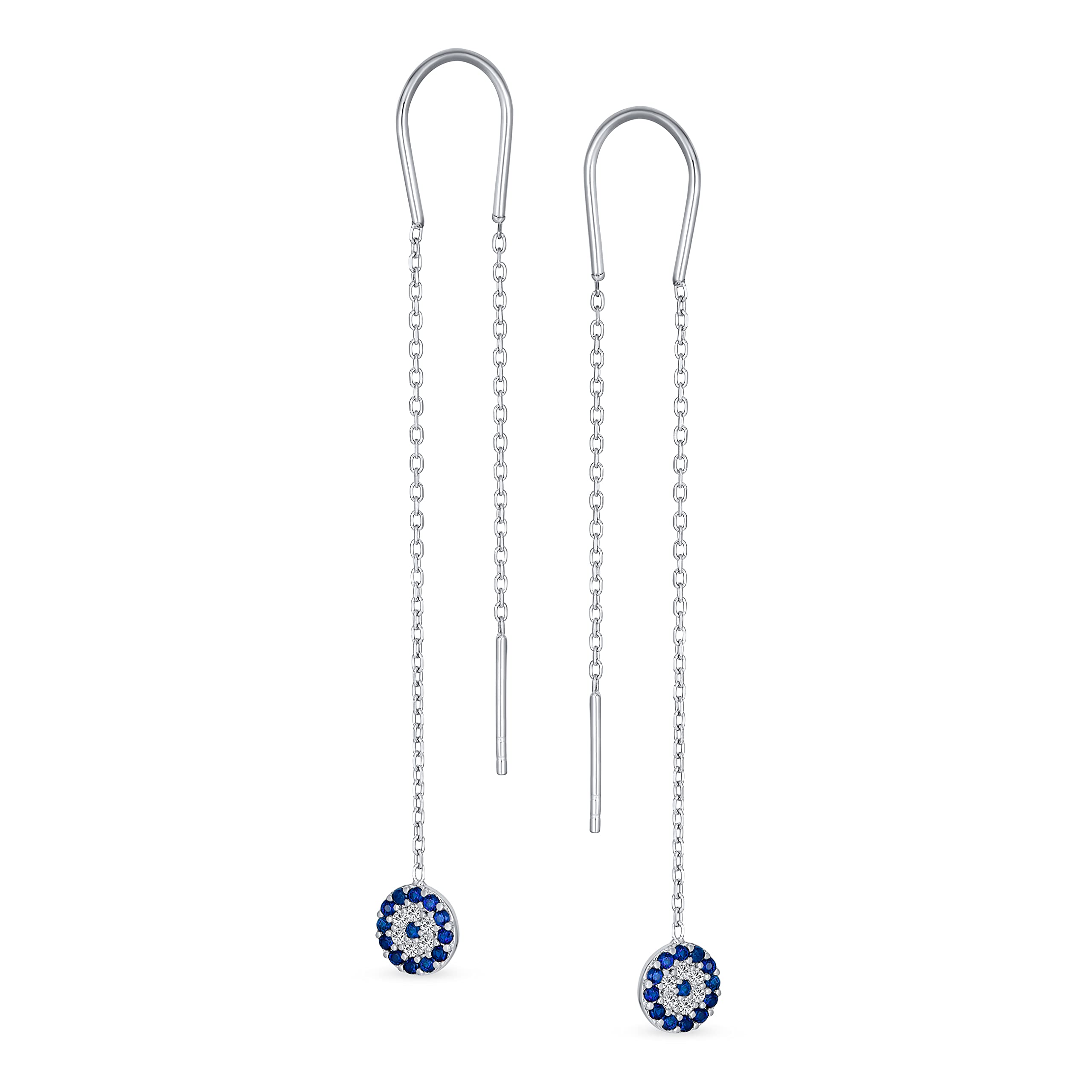 Pendientes de hilo con cadena fina espiritual de ojo turco azul con pavé de circonita cúbica para mujer para adolescente en plata de ley .925
