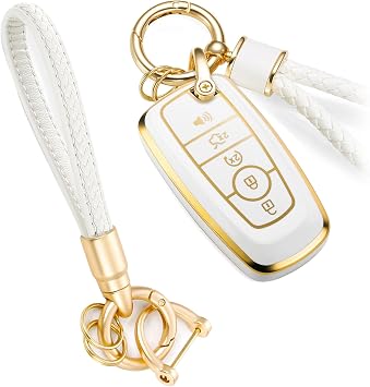 for Ford Key Fob Cover with Leather Wrist Lanyard, Upgraded Soft Case for Fusion F150-F550 Edge Expedition Escape Explorer Bronco Maverick,etc.5 Button Gold,B