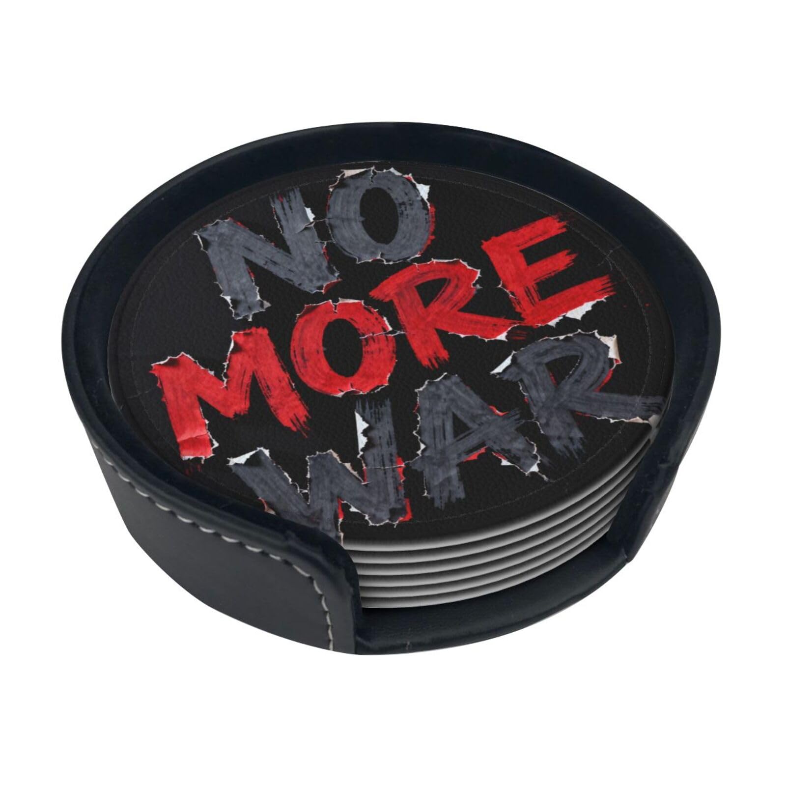 Cntdbu White No More War Leather Coasters Set Of 6-Pu Leather Drink Mats For Table, Heat Resistant Round Coasters With Holder
