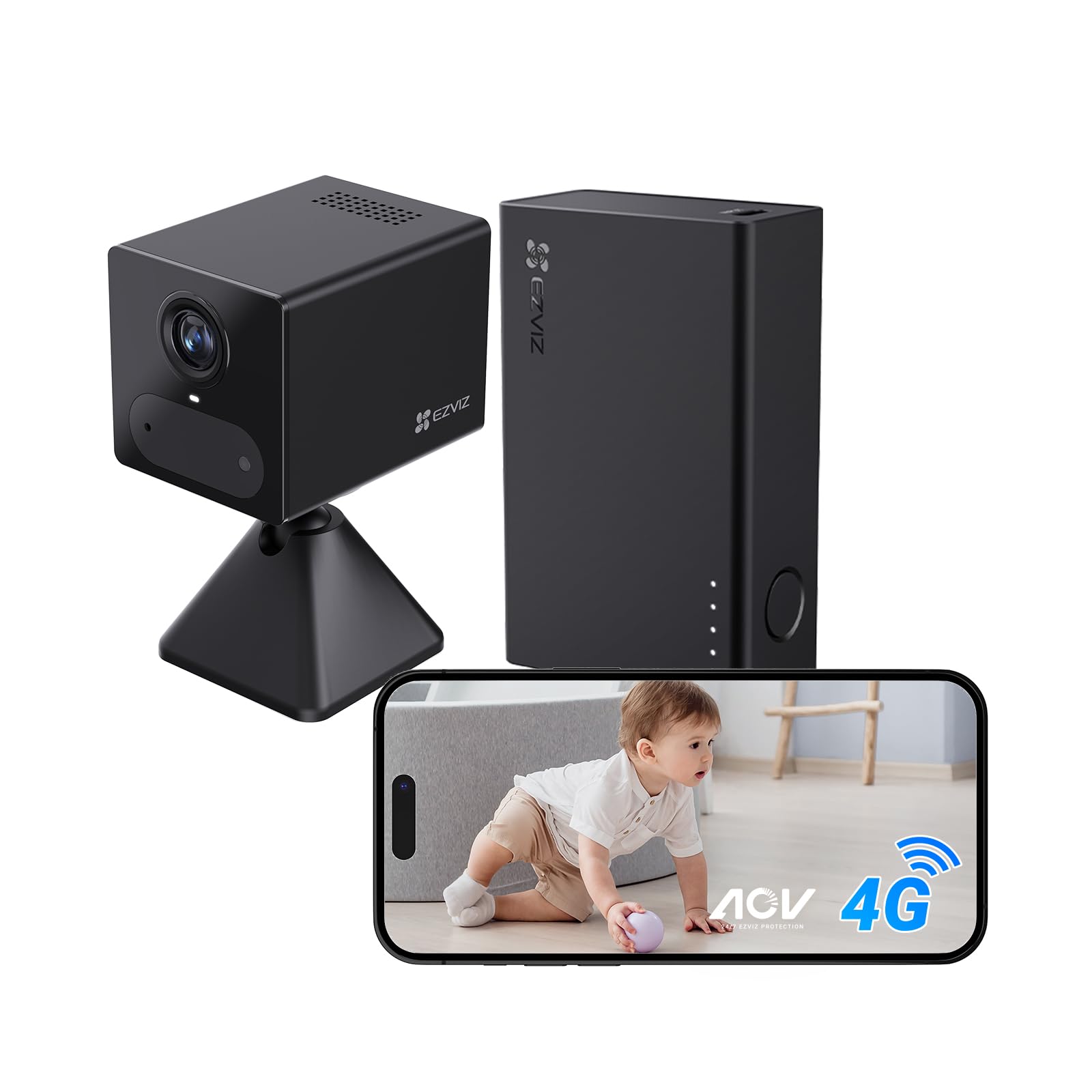 EZVIZ 4G Kit de Camara de Vigilancia Bateria 2000mAh y Power Bank de 5200mAh, 2K Camara Interior de Seguridad, Audio Bidireccional, AI Deteccion Humana, 512GB Tarjeta(No Incluido), CB2 Negro
