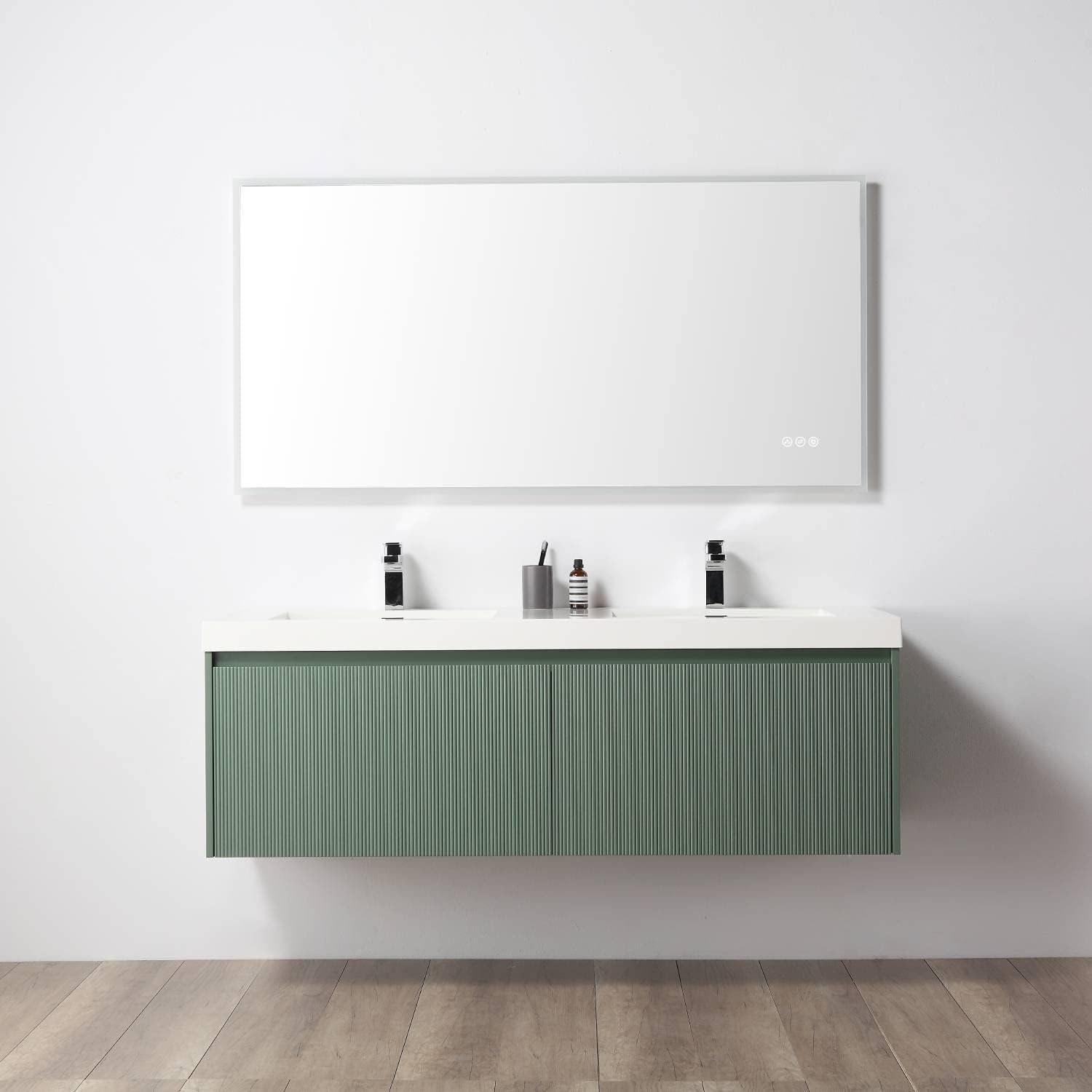 Premium 60 Inch Double Sink Vanity - Solid Wood Floating Design - Aventurine Green Wall Mounted Bathroom Cabinet - Pre-assembled Modern Luxury - Durable Acrylic Sink Top