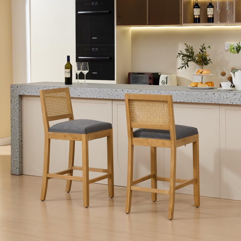 Amazon.com: Full Solid Wood Rattan-Back Bar Stool, with High-Resilience Foam & S-Springs, for ...