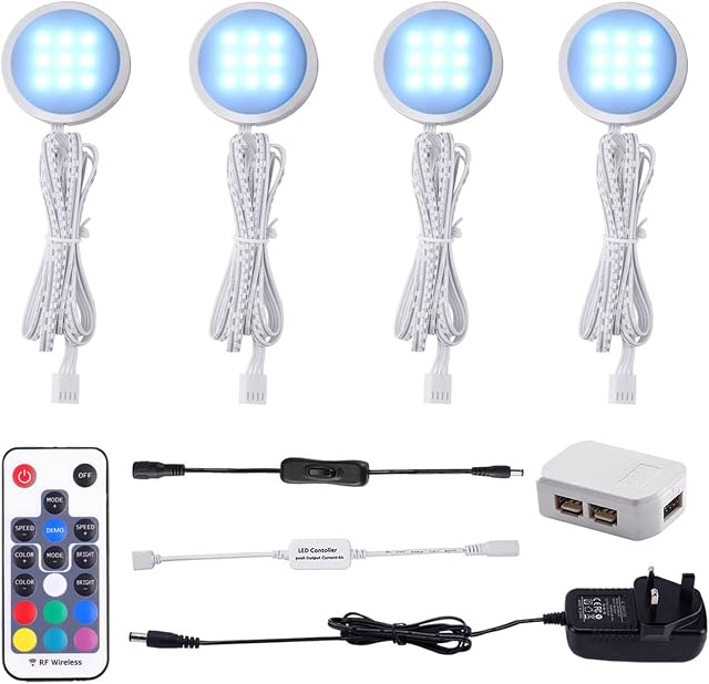 AIBOO RGB Colour Changing LED Under Cabinet Lighting kit,Ultra Slim LED Puck Lights,Counter Wardrobe Cupboard Lights for Christmas Xmas Ambiance Decoration(4 Pack)