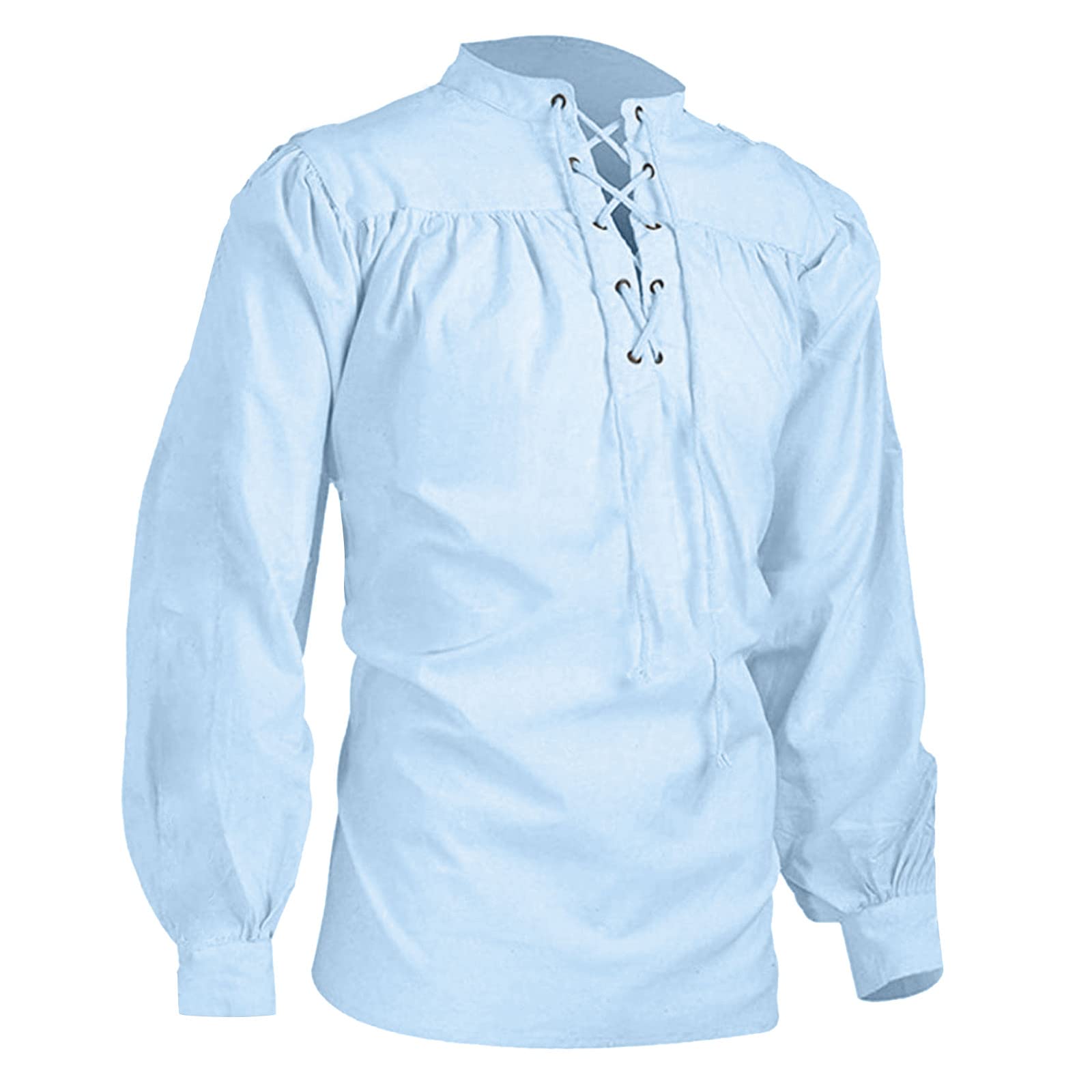 Men's Pirate Shirt Viking Steampunk Retro Renaissance Medieval Casual Shirt Gothic Victorian Pirate Costume Halloween Stand-Up Collar Cosplay Tops Viking Lacing Tops, Light blue, 4XL