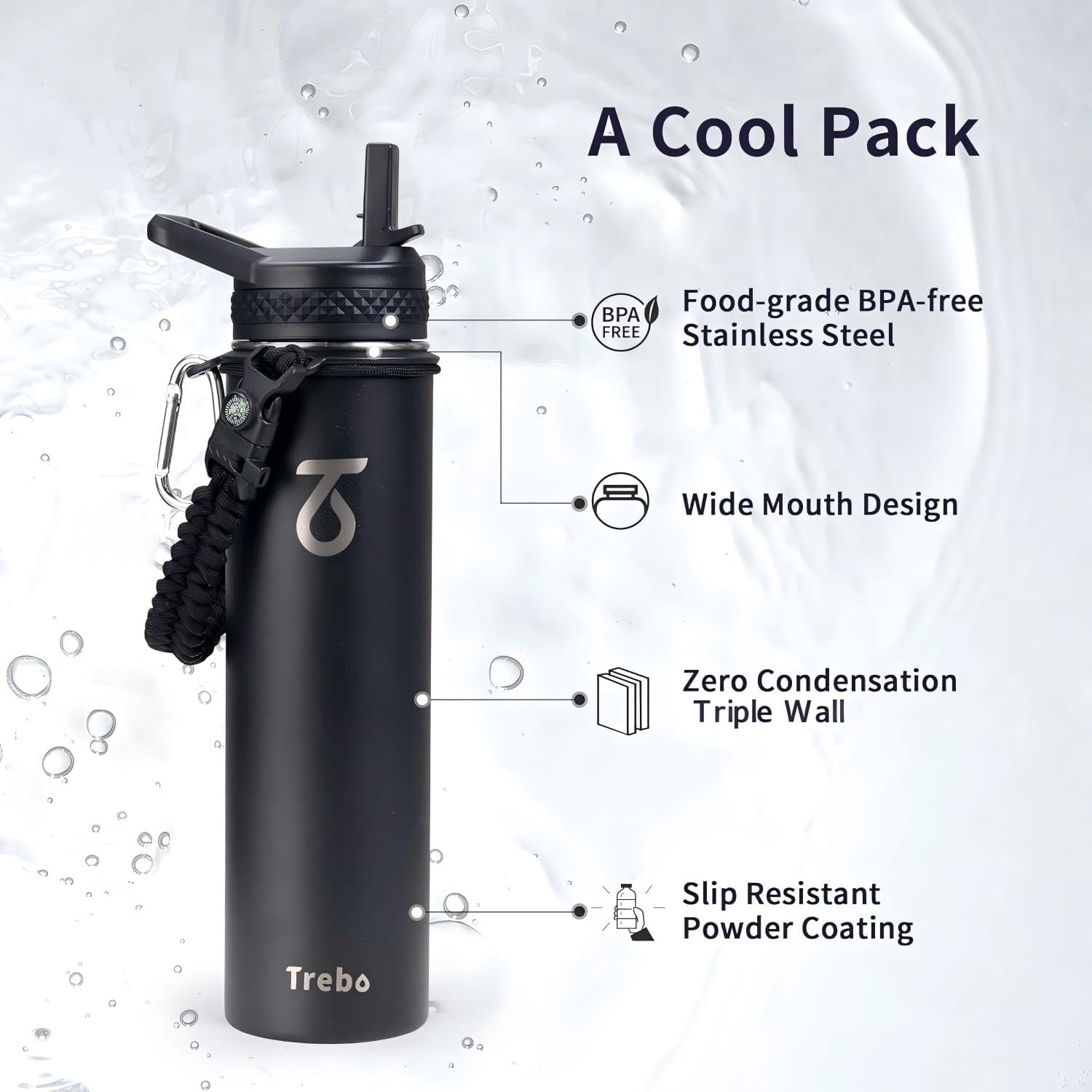 Trebo 24 oz Water Bottle Insulated with Lid and Straw,Triple Wall Vacuum Stainless Steel Metal Tumbler Sports Flask with Paracord Handle, Keep Hot 24 Hours & Cold 48 Hours Water Cup with 3 Lids, Black