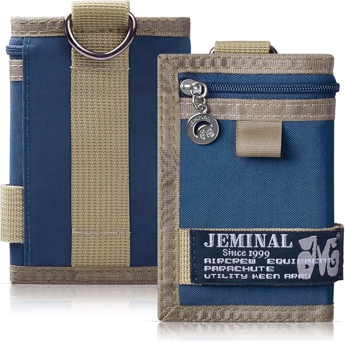 JEMINAL Trifold Wallet for Men Canvas Outdoor Sports Keychain Wallet with Multiple Card Slots and ID Window Blue