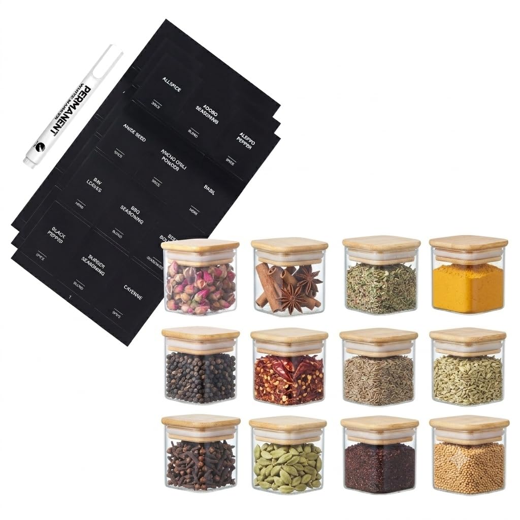 Eden & Willow 12 Pcs Glass Spice Jars with Bamboo Lids 150ml, Square Spice Containers with Black Labels, Stackable Clear Borosilicate Glass Jars for Herbs, Seasonings, Salt & Pantry Organisation