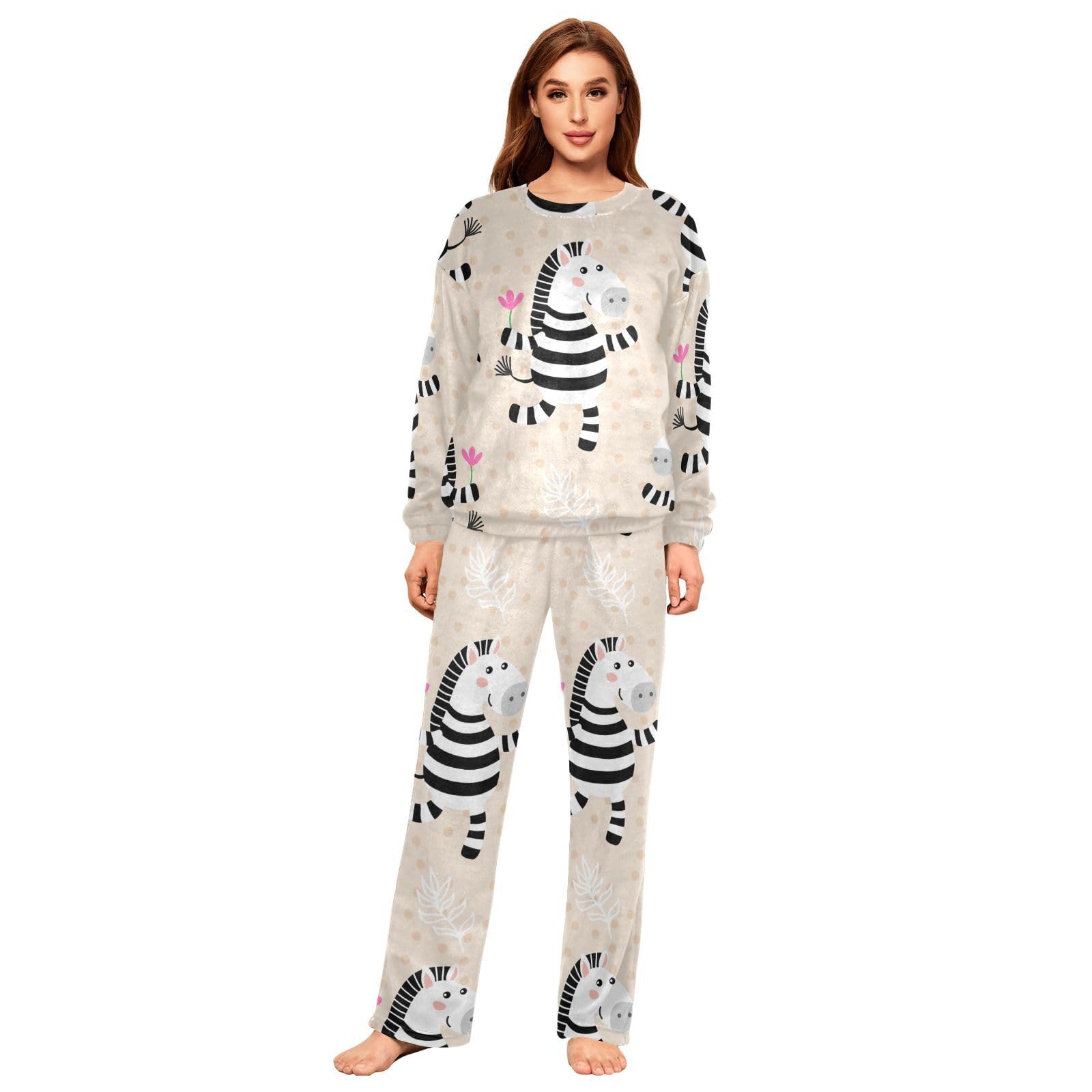 Youjuner Women's Multicolor Pyjamas Sets For Cute Cartoon Zebra Winter Warm Sleepwear Summer Loungewear Set Pjs Nightwear Set