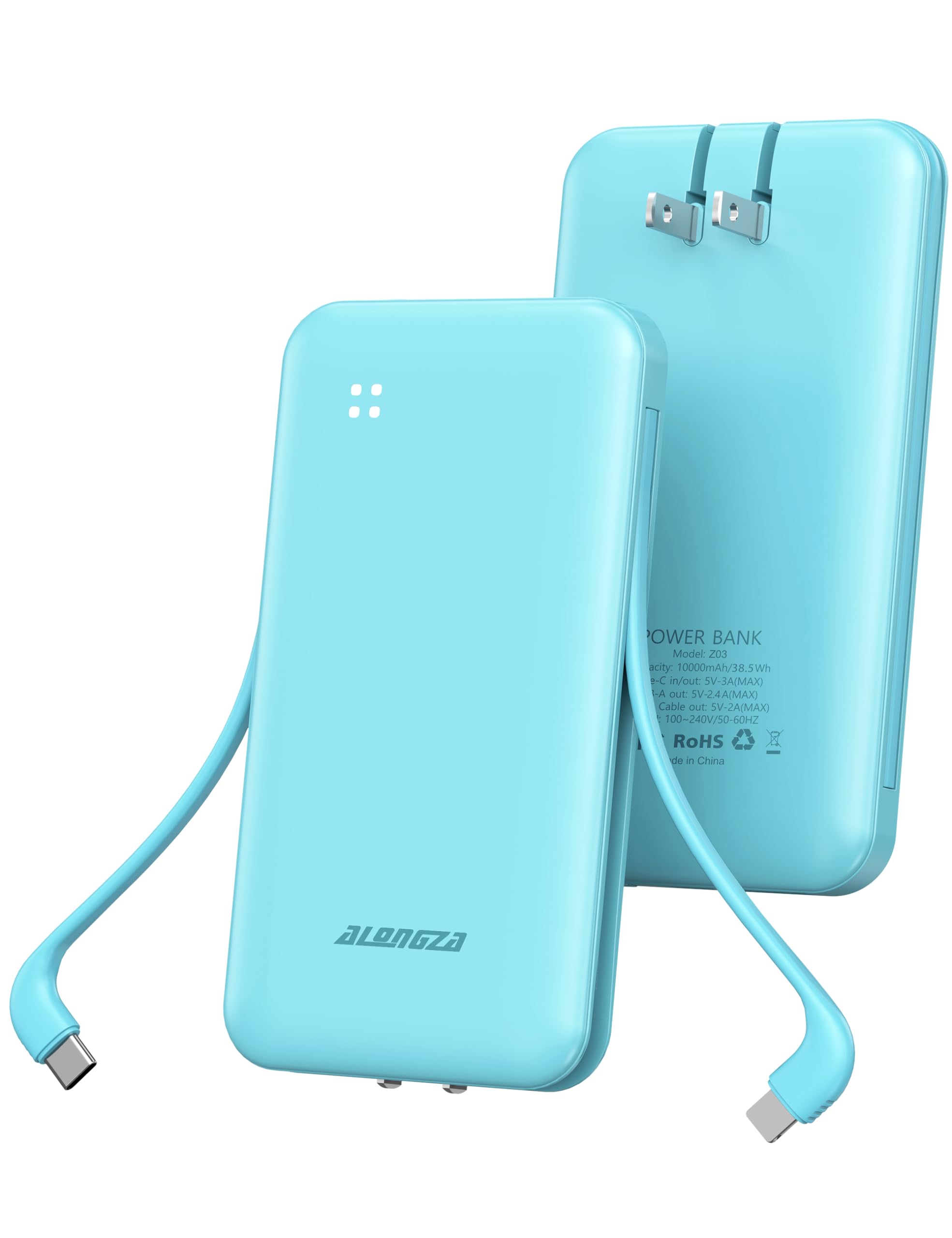 Alongza Portable Charger Built-in Cables and AC Wall Plug, Slim Fast Charging Power Bank 10000mAh, Lightweight USB C External Battery Pack Compact Travel Cell Phone Charger