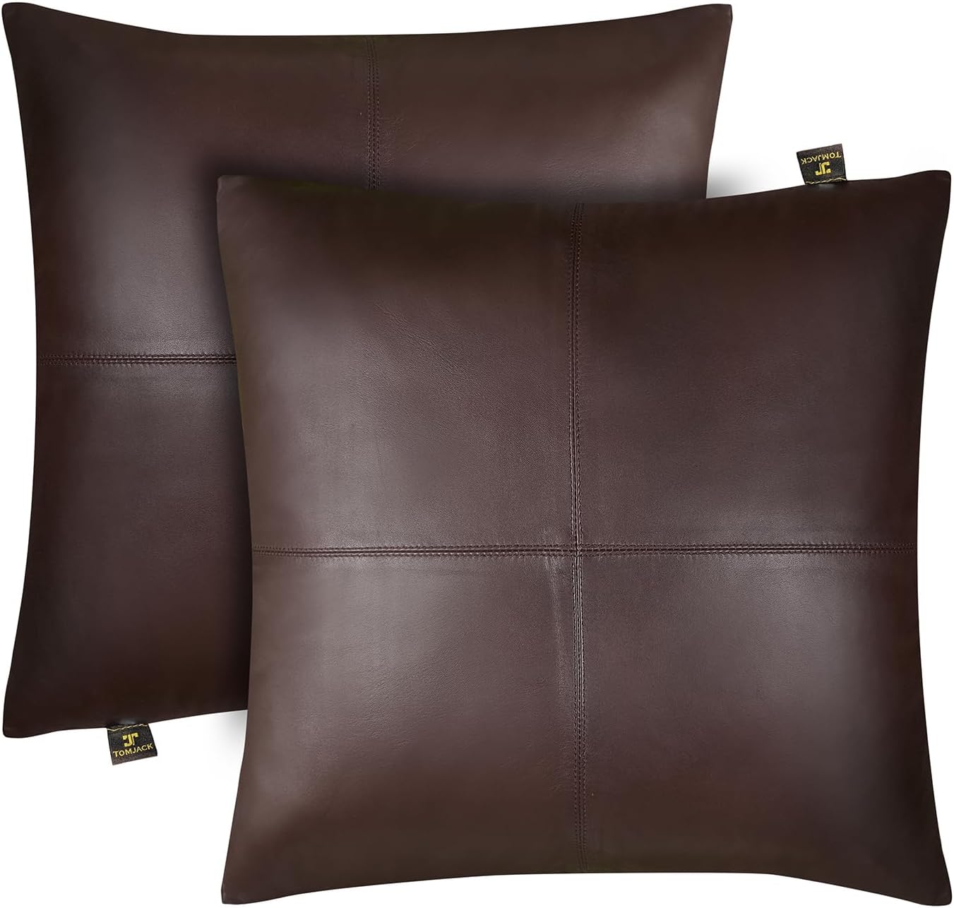 TOMJACK Lambskin Leather Pillow Cover - Decorative Sofa Cushion Case - Throw Covers for Living Room & Bedroom, 22" x 22" - Brown Plain Pack of 2