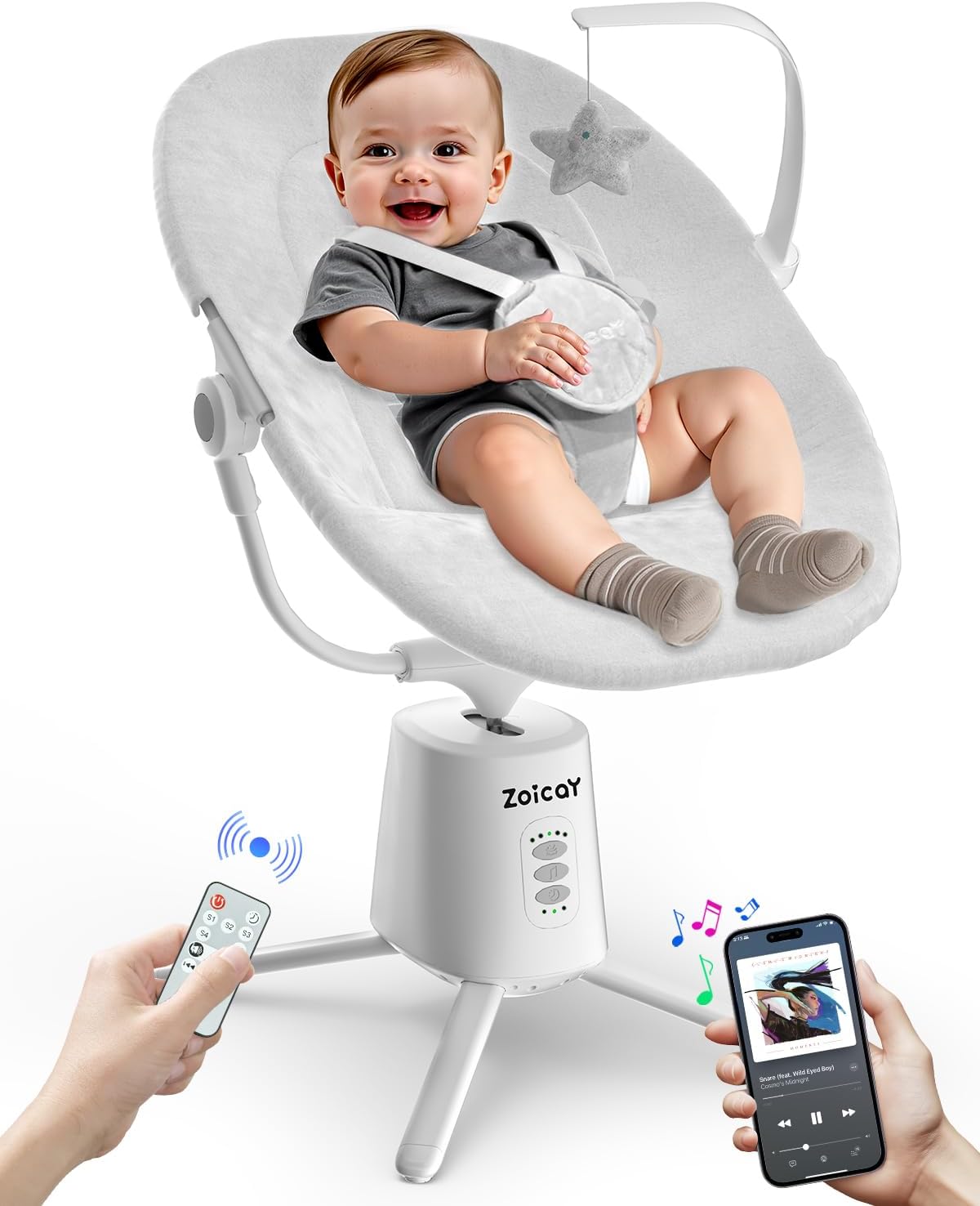 Zoicay Lightweight Baby Swing for Infant with 3 Modes & 5 Speeds, BT Enabled App & Remote Control Electric Swing – 6 Lullabies and 3 Timer Settings, 2 Seat Positions and 5-Point Harness Swing (White) - Image 1 of 9