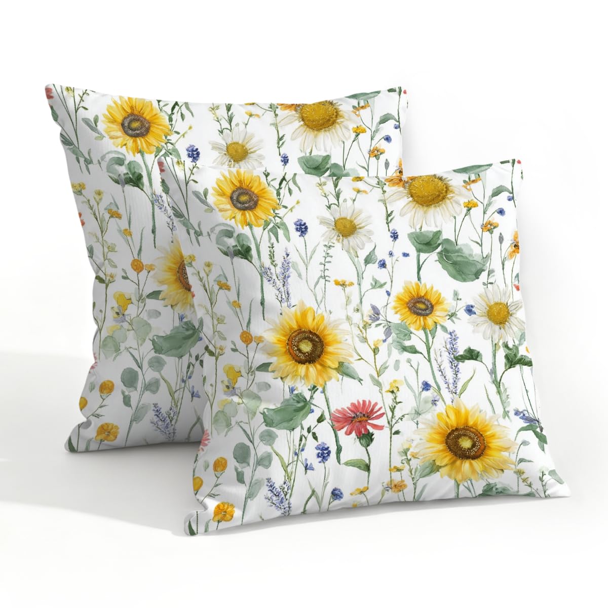 Outdoor Pillow Covers Waterproof Pillowcases 20x20in Set of 2 Watercolor Wildflowers Sunflower Decorative Throw Cushion Case for Couch Sofa Garden Patio Furniture